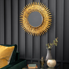 Amos Aged gold feathered frame round mirror