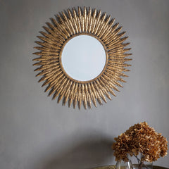 Amos Aged gold feathered frame round mirror