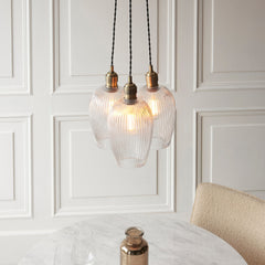 Amos Lucid Antique Brass & Clear Ribbed Glass 3 Light Cluster