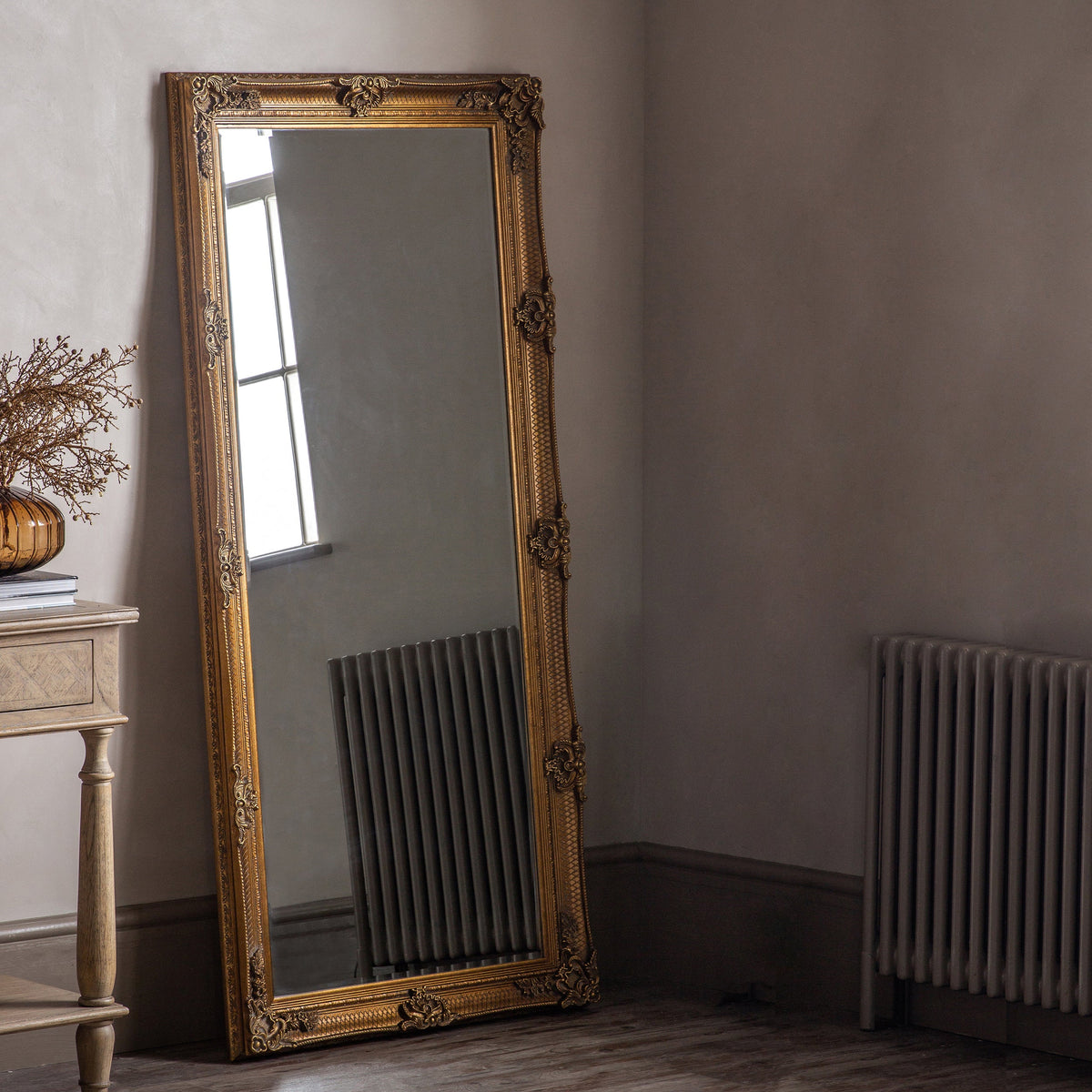 Amos Aged gold wood rectangle leaner mirror