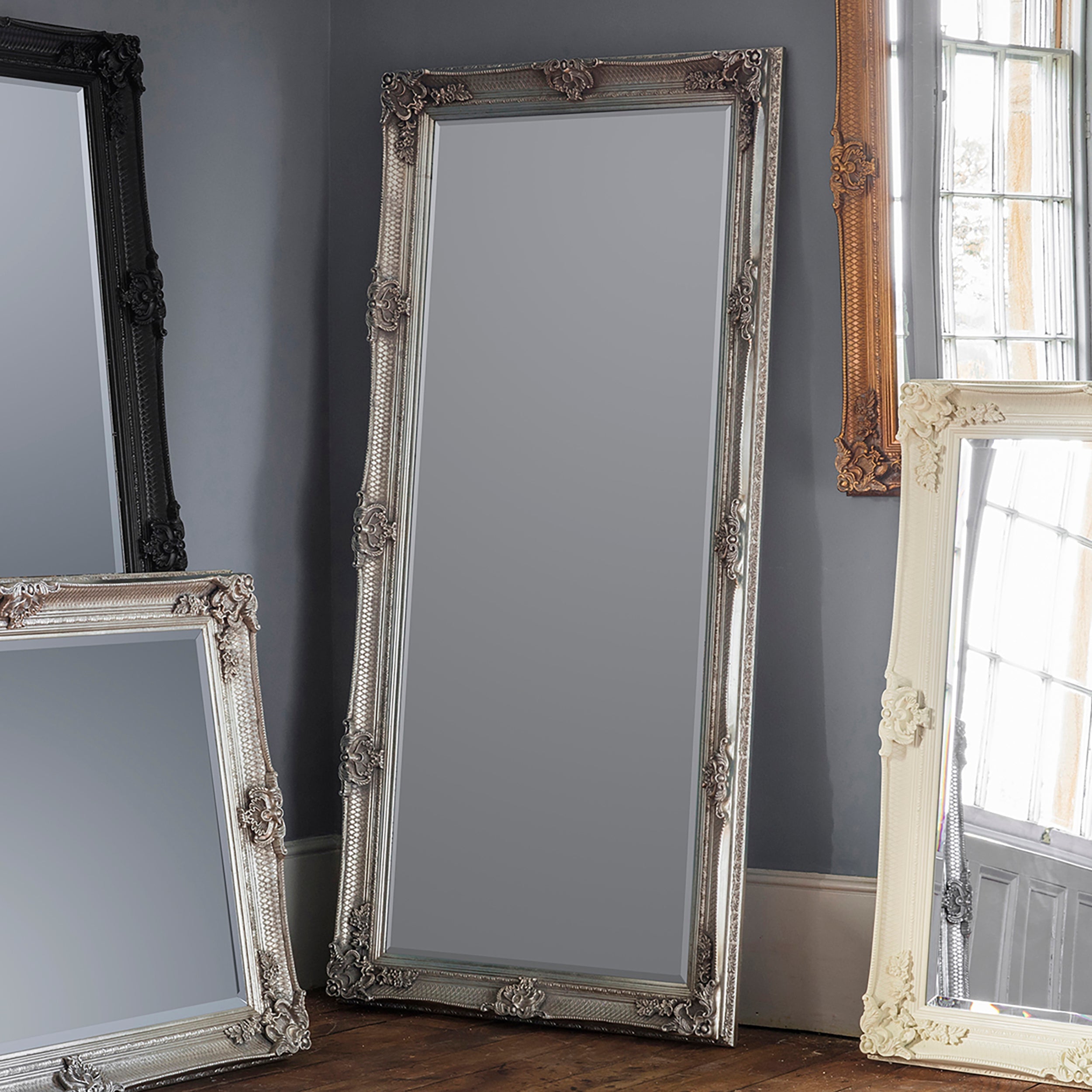 Amos Aged silver wood rectangle leaner mirror