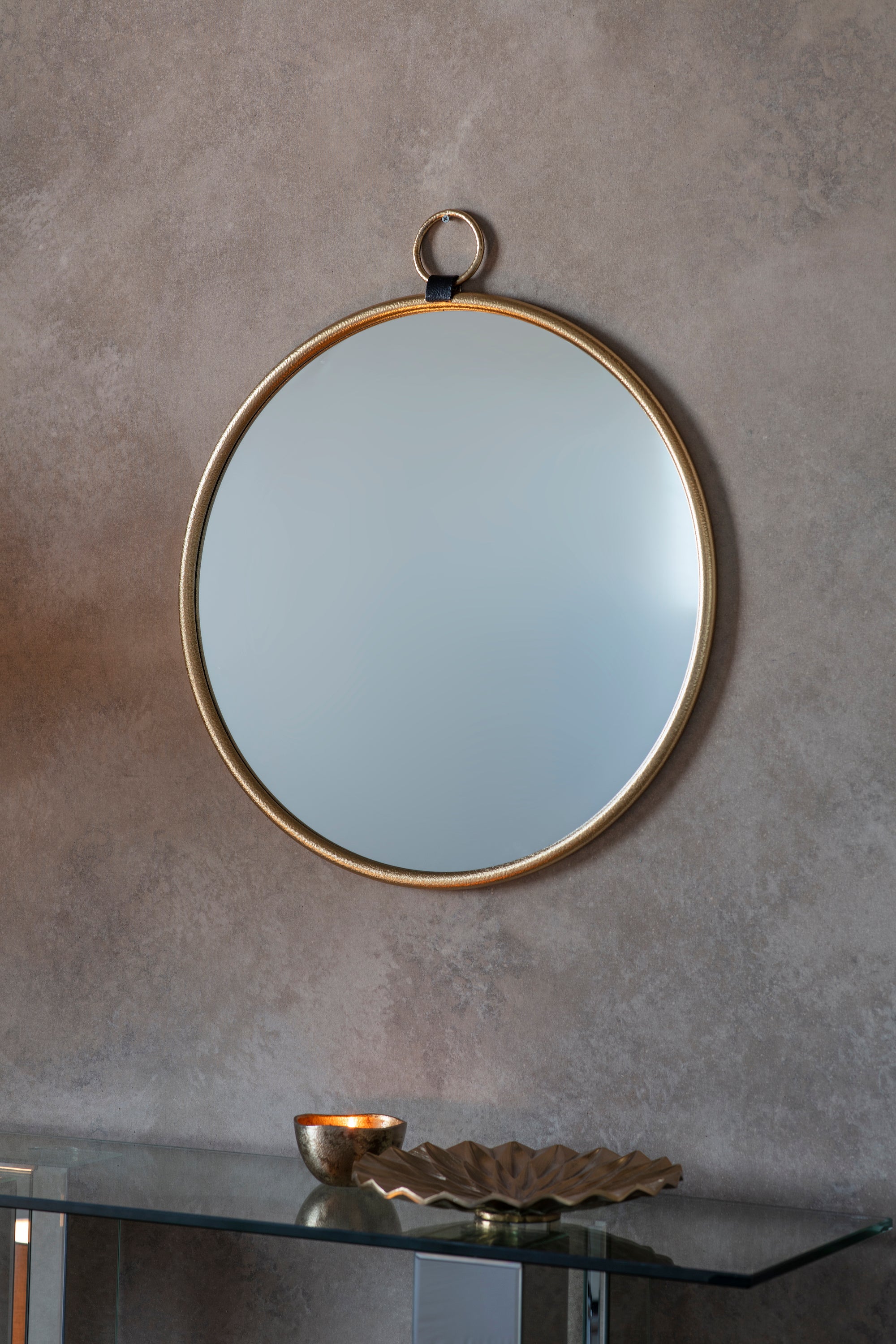 Amos Satin gold hanging loop large round mirror