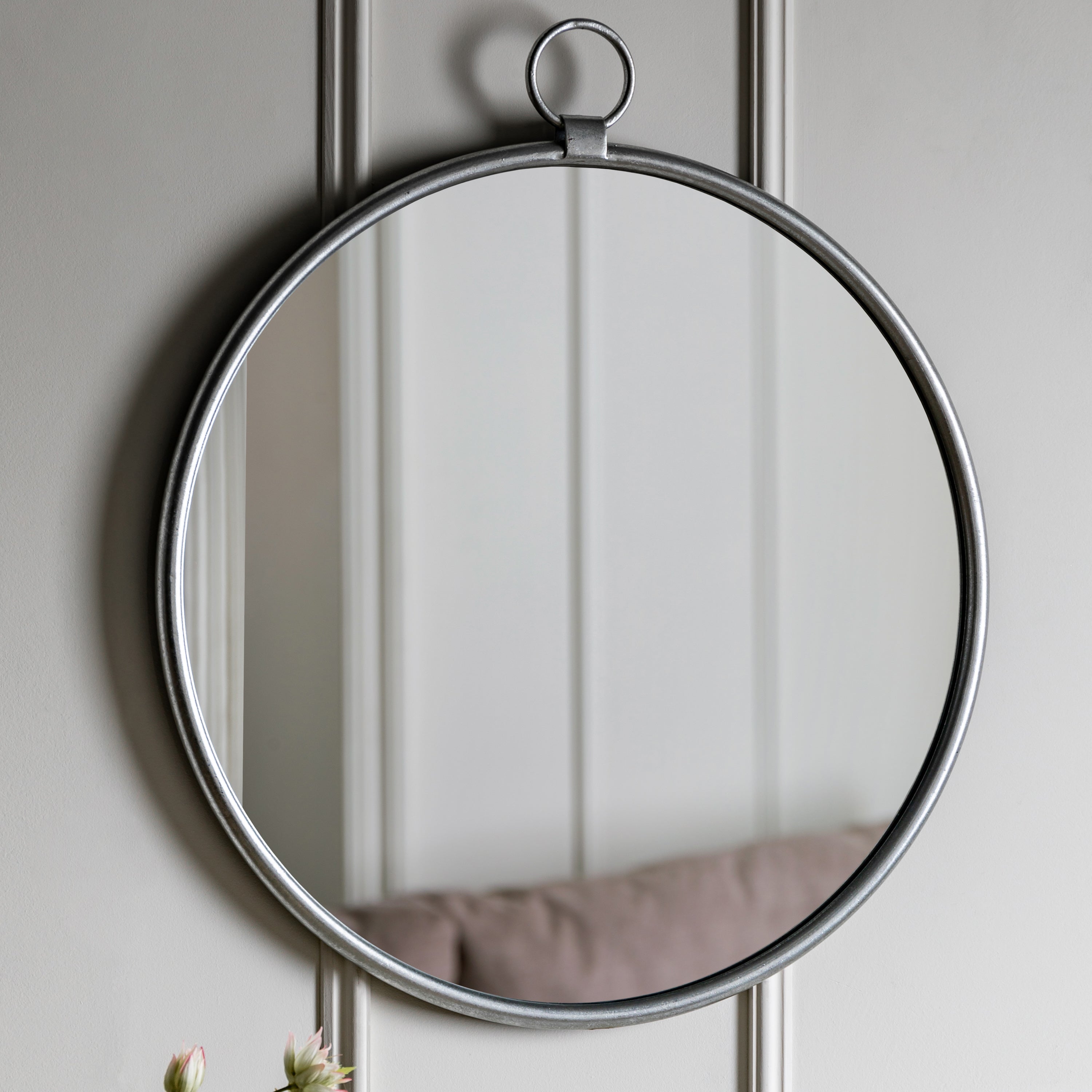 Amos Satin silver hanging loop large round mirror