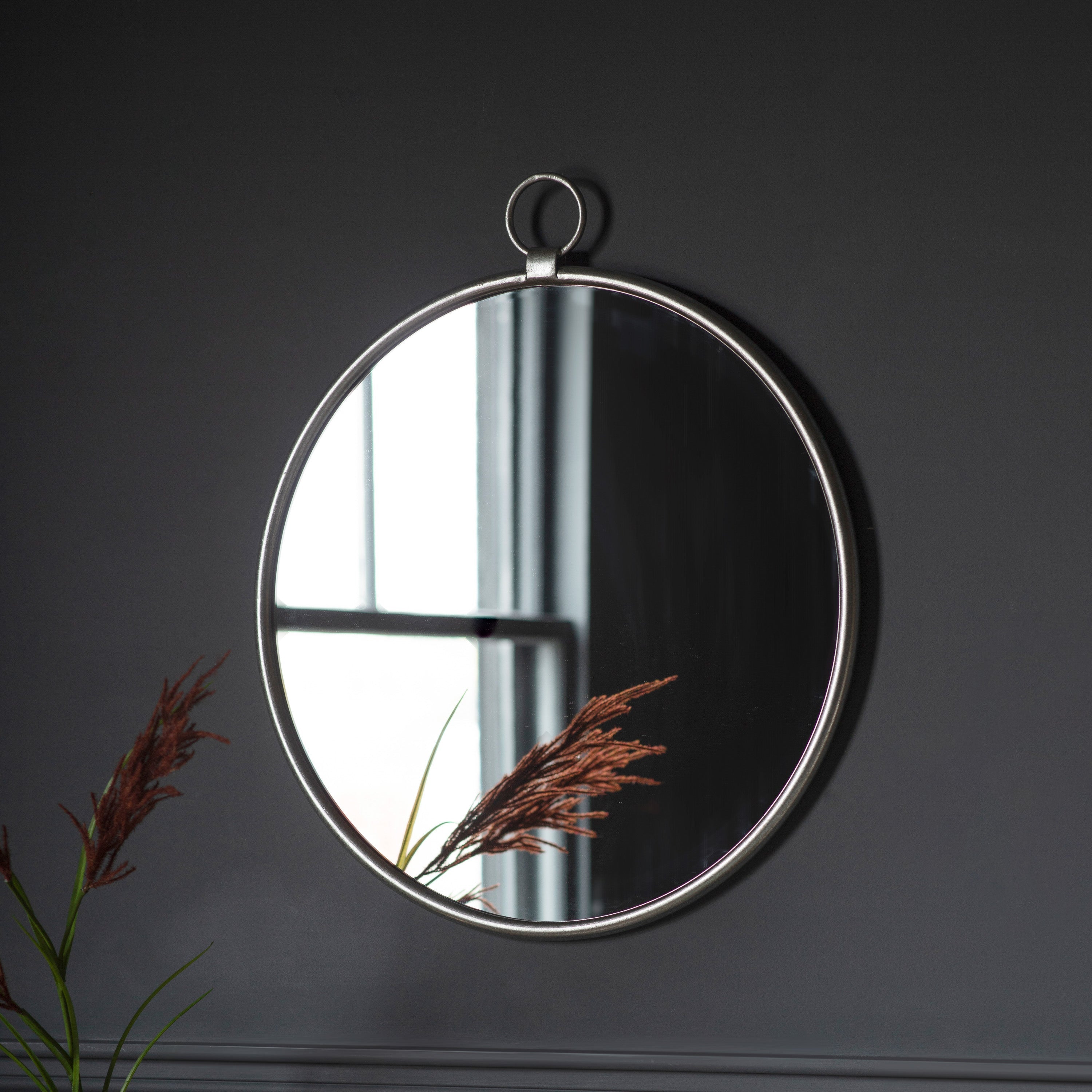Amos Satin silver hanging loop large round mirror