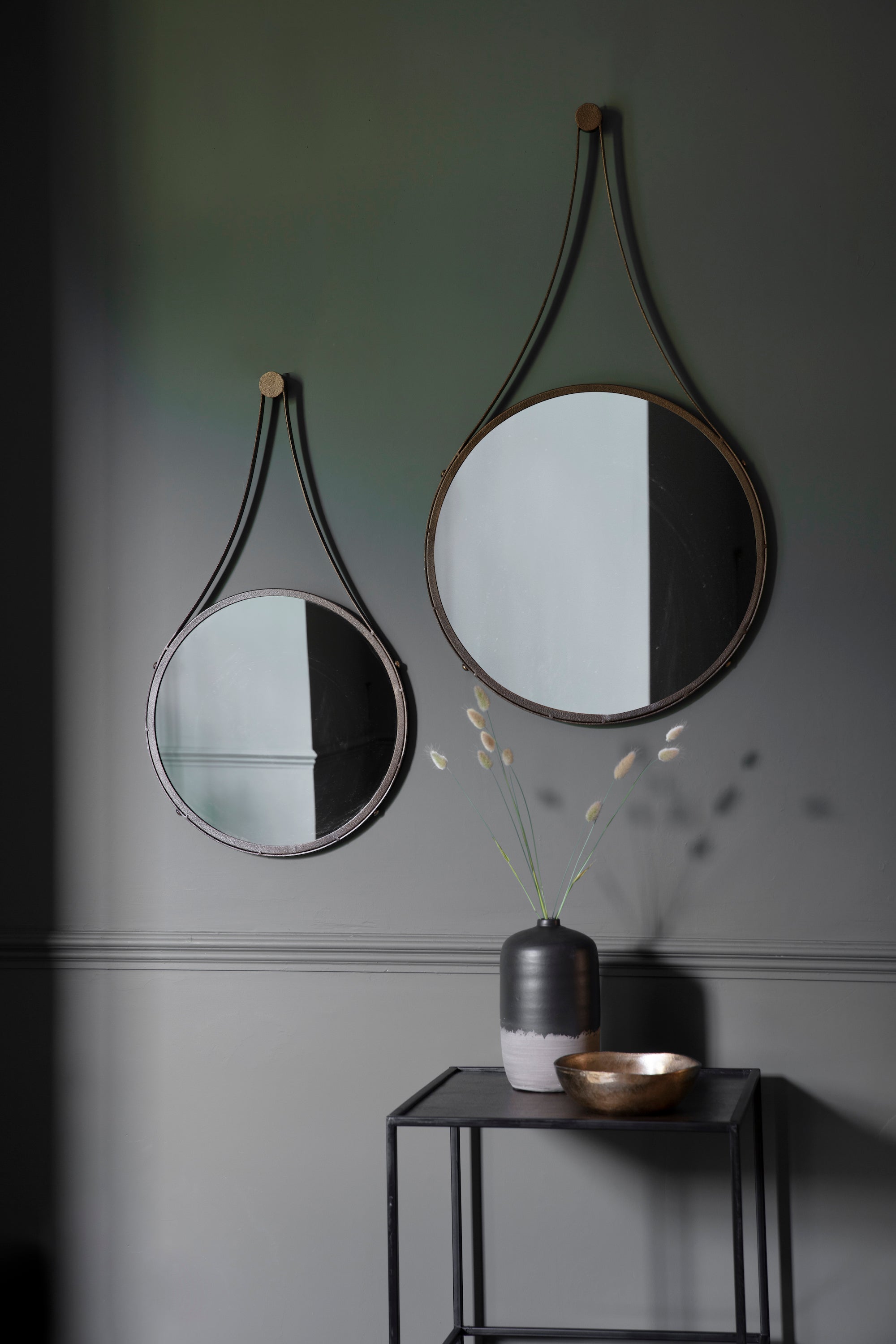 Amos Aged bronze large round hanging mirror