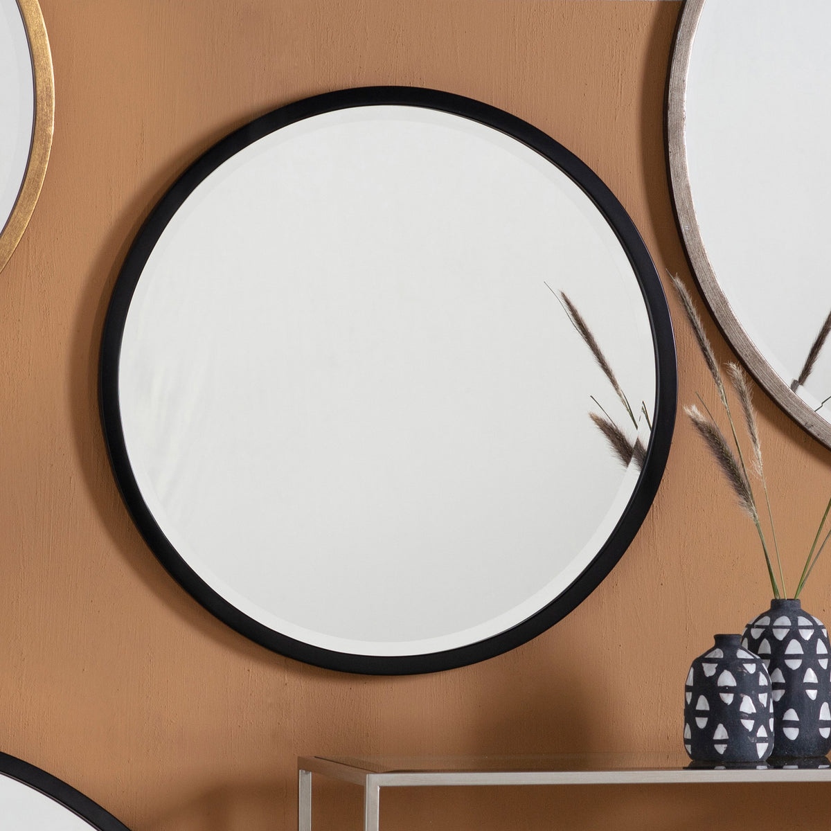 Amos Aged black medium round mirror