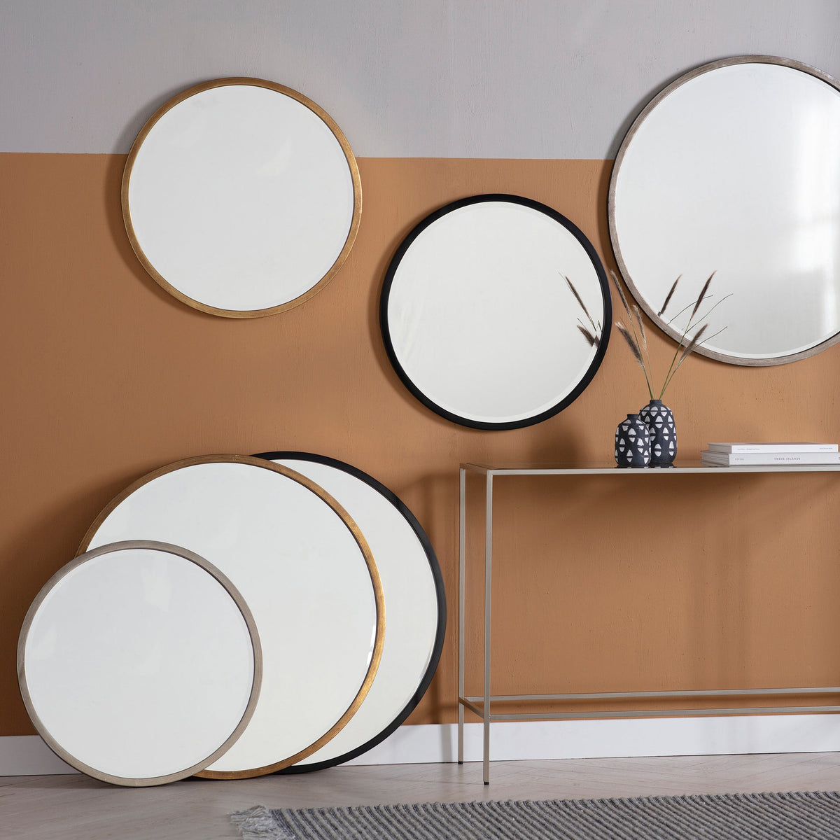Amos Aged black large round mirror