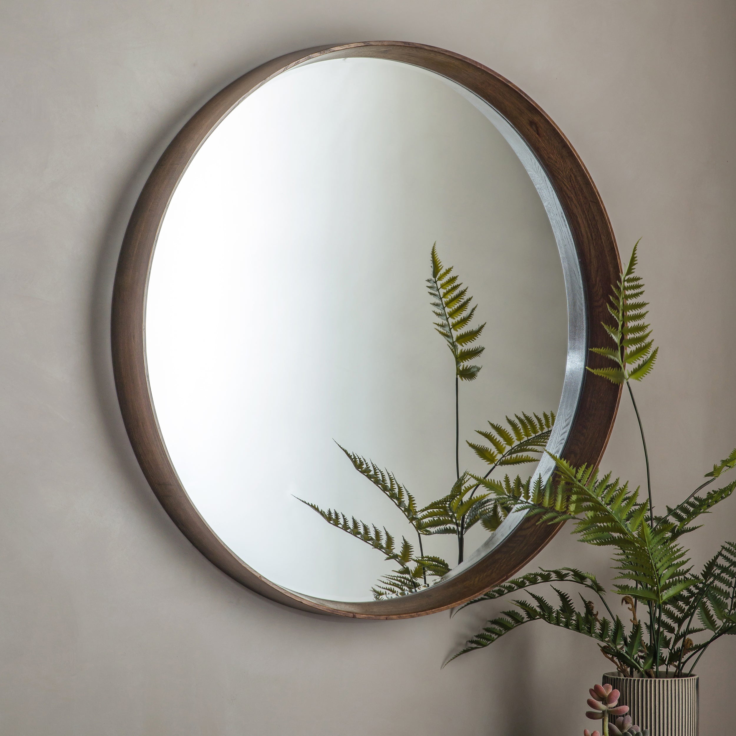 Amos Walnut stained wood large round mirror