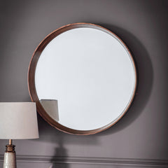 Amos Walnut stained wood medium round mirror