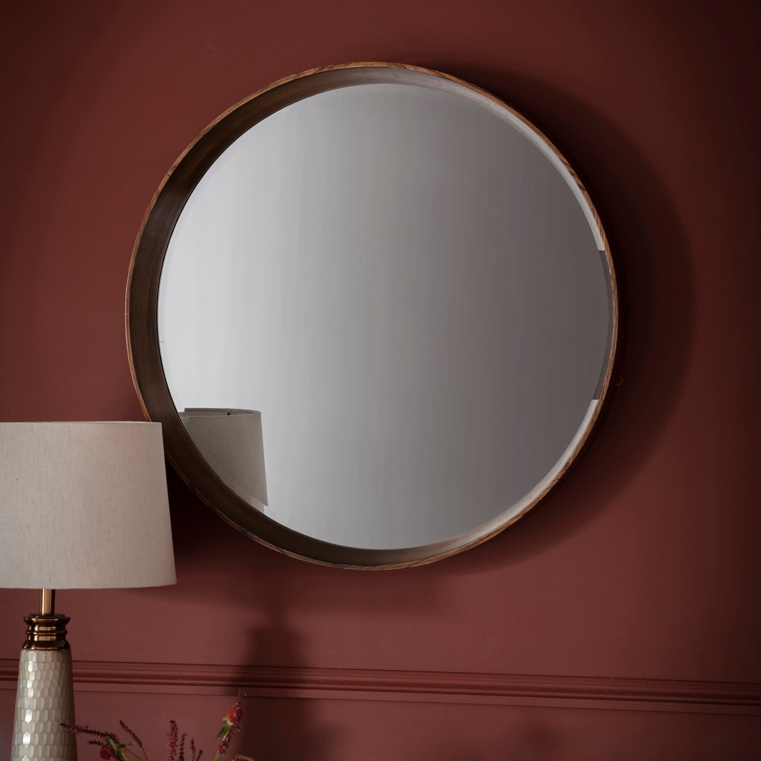 Amos Walnut stained wood medium round mirror