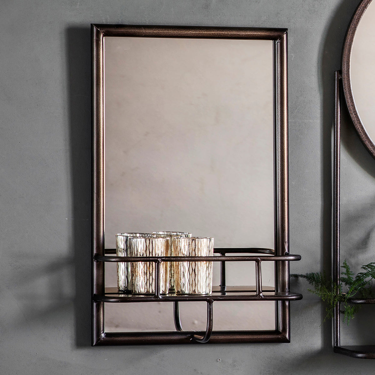 Amos Rustic bronze rectangle mirror with shelf