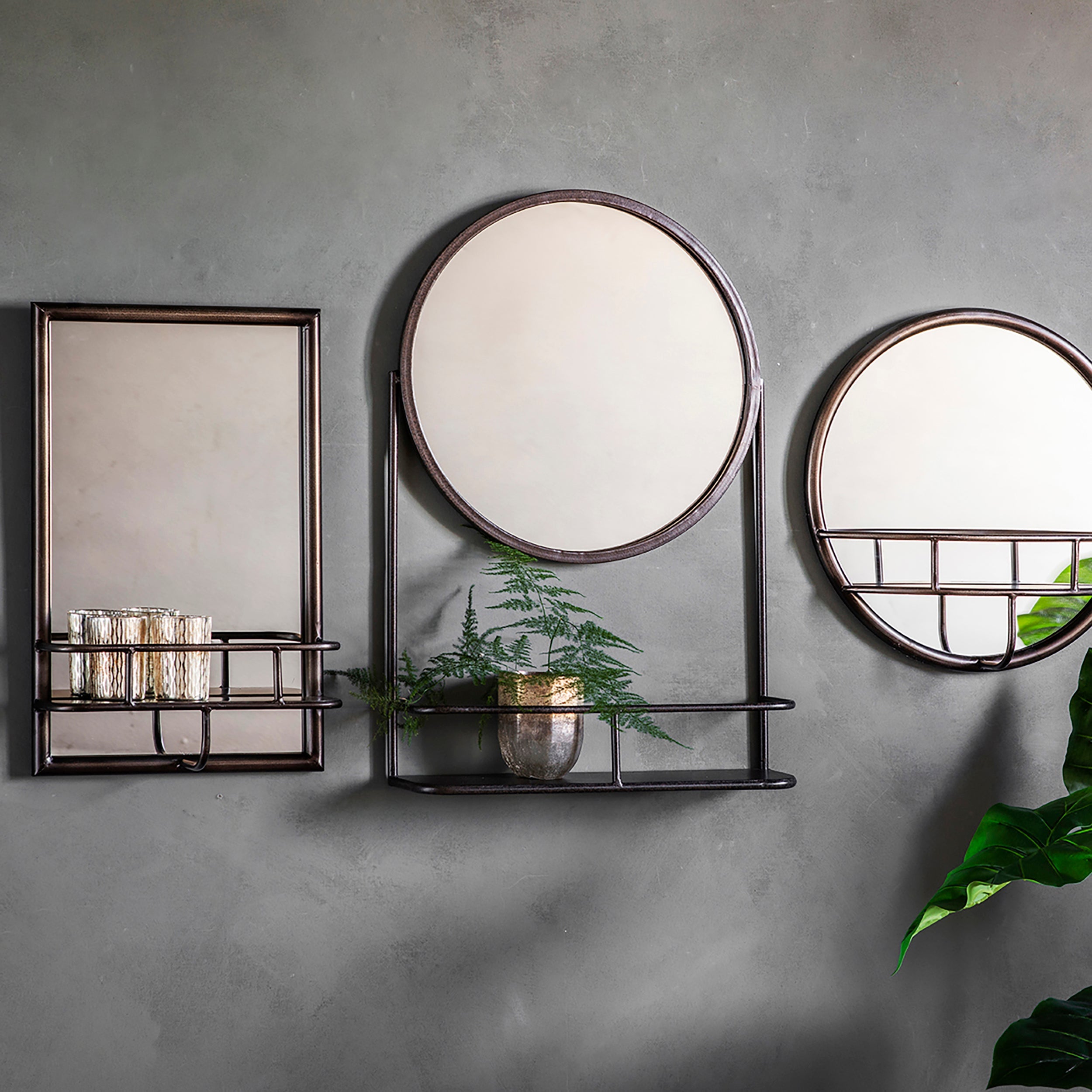 Amos Rustic bronze rectangle mirror with shelf