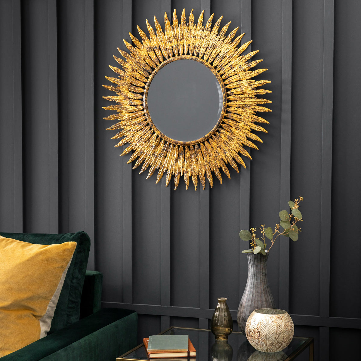 Amos Aged gold feathered frame round mirror
