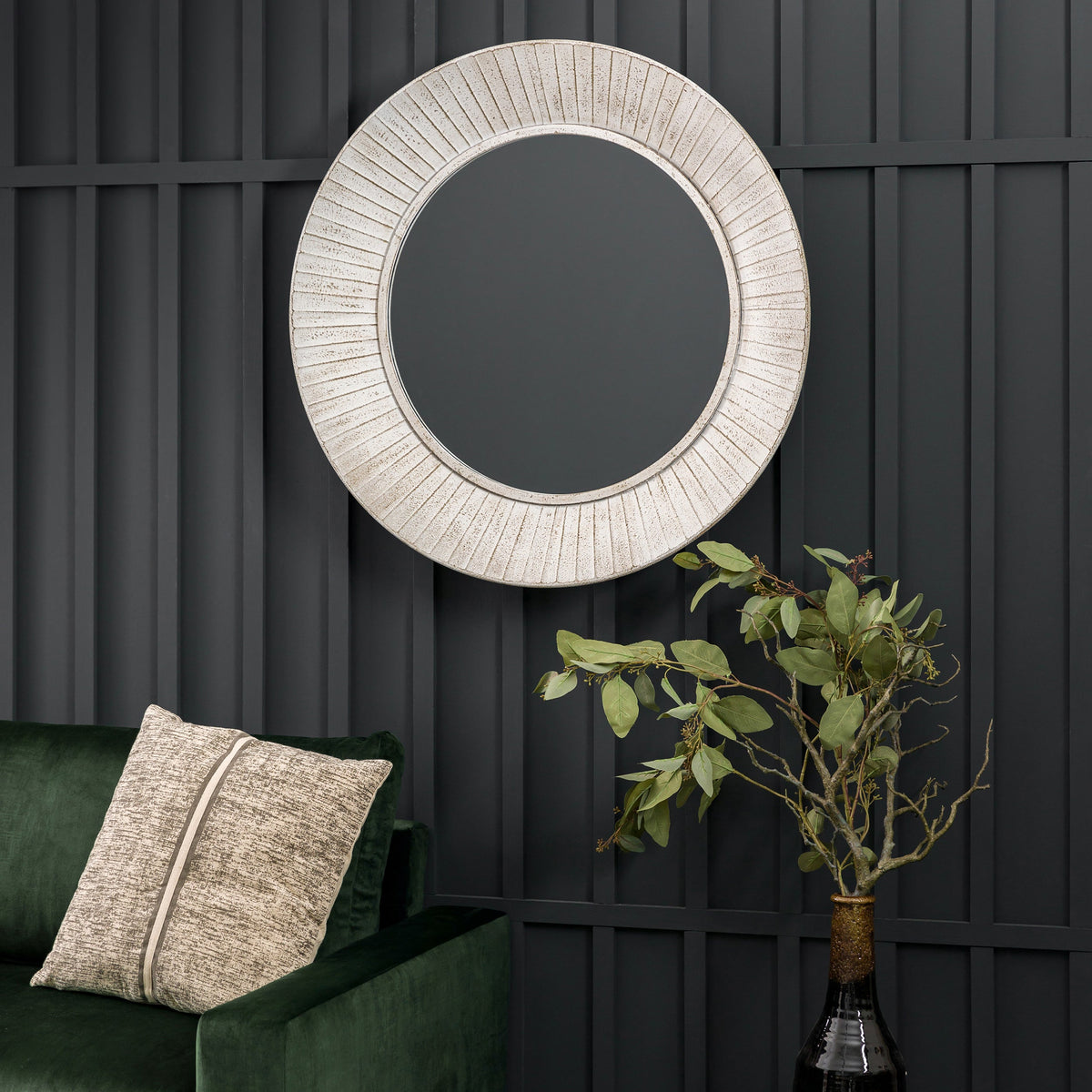 Amos Distressed cream wooden round mirror