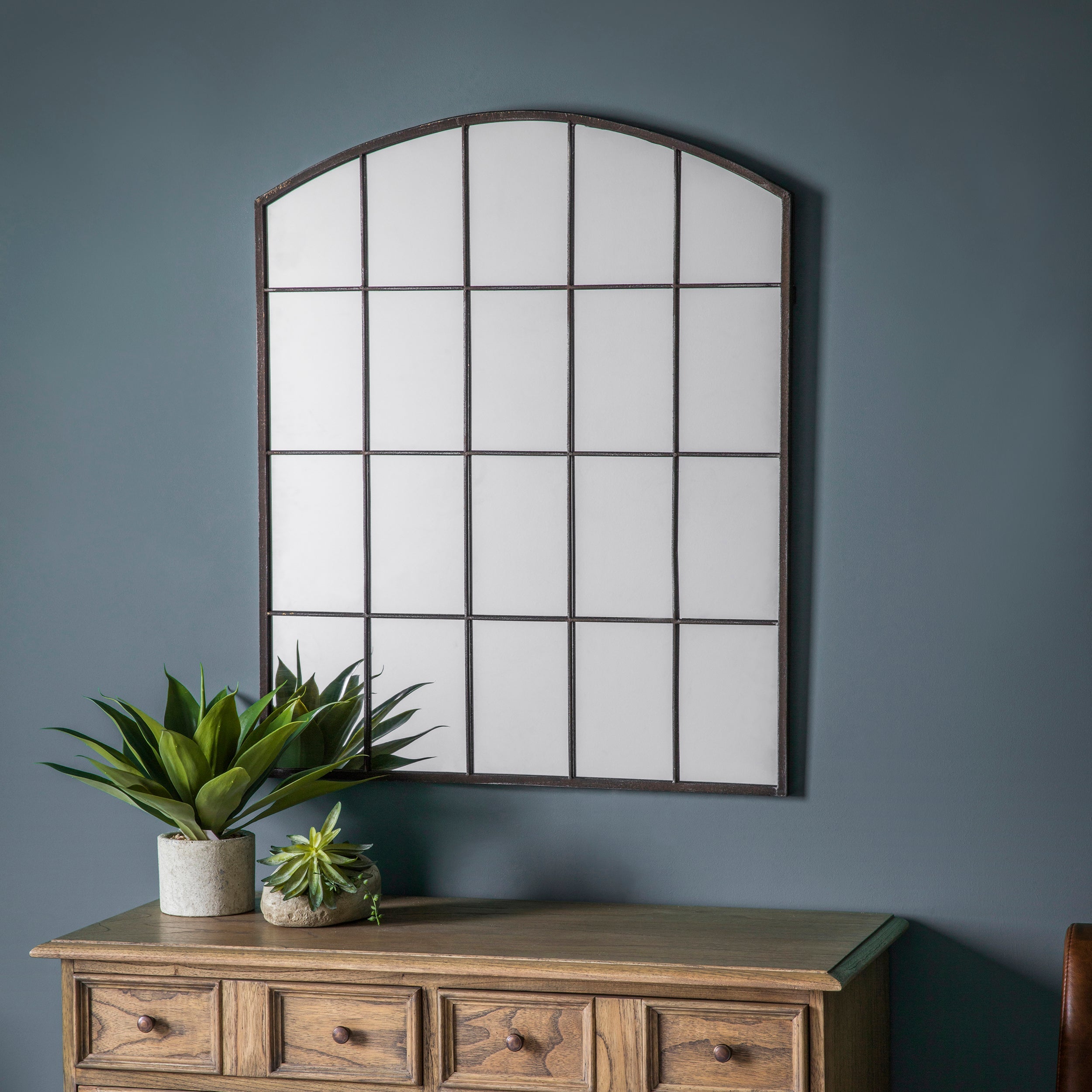 Amos Black rustic arched window mirror