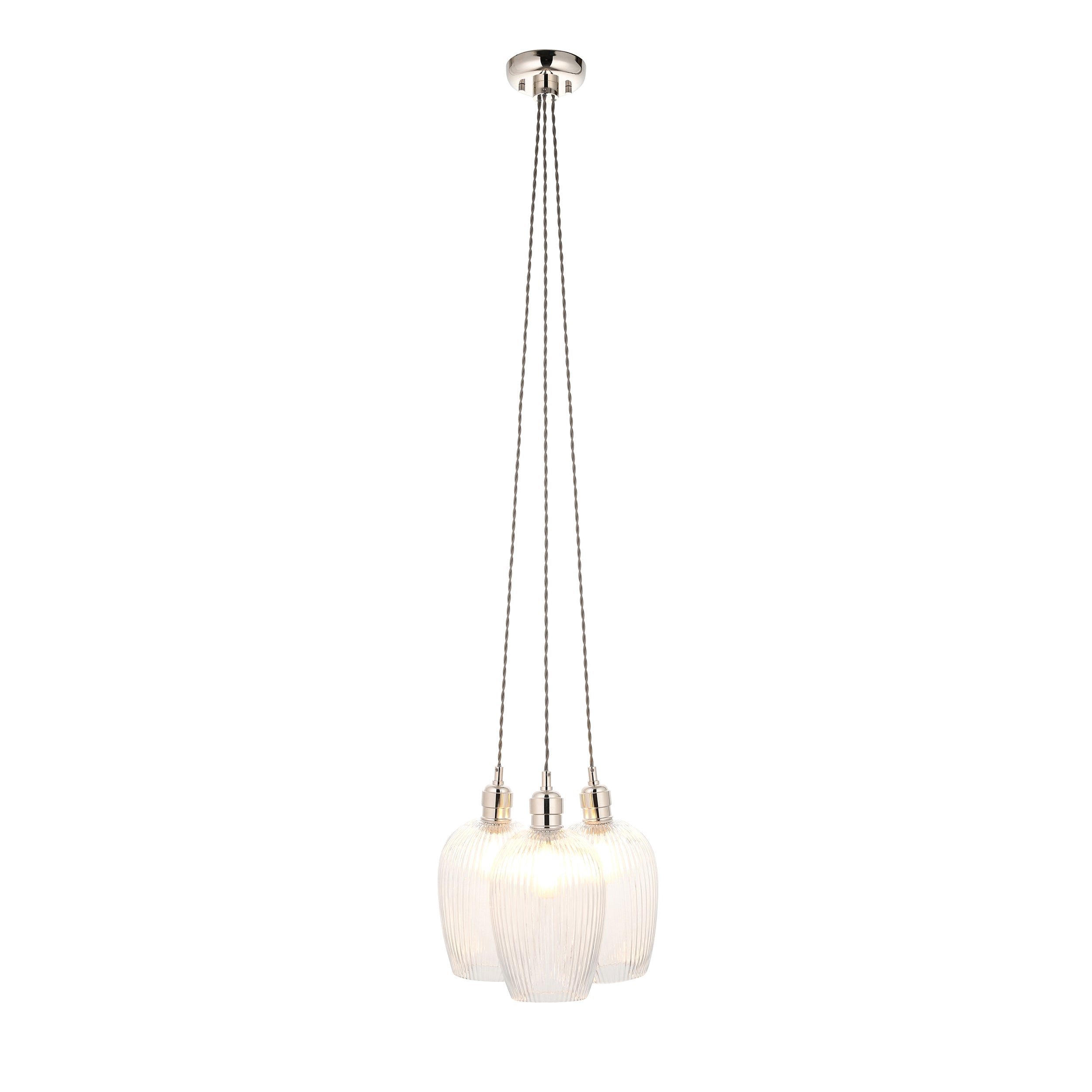Amos Lucid Bright Nickel & Clear Ribbed Glass 3 Light Cluster