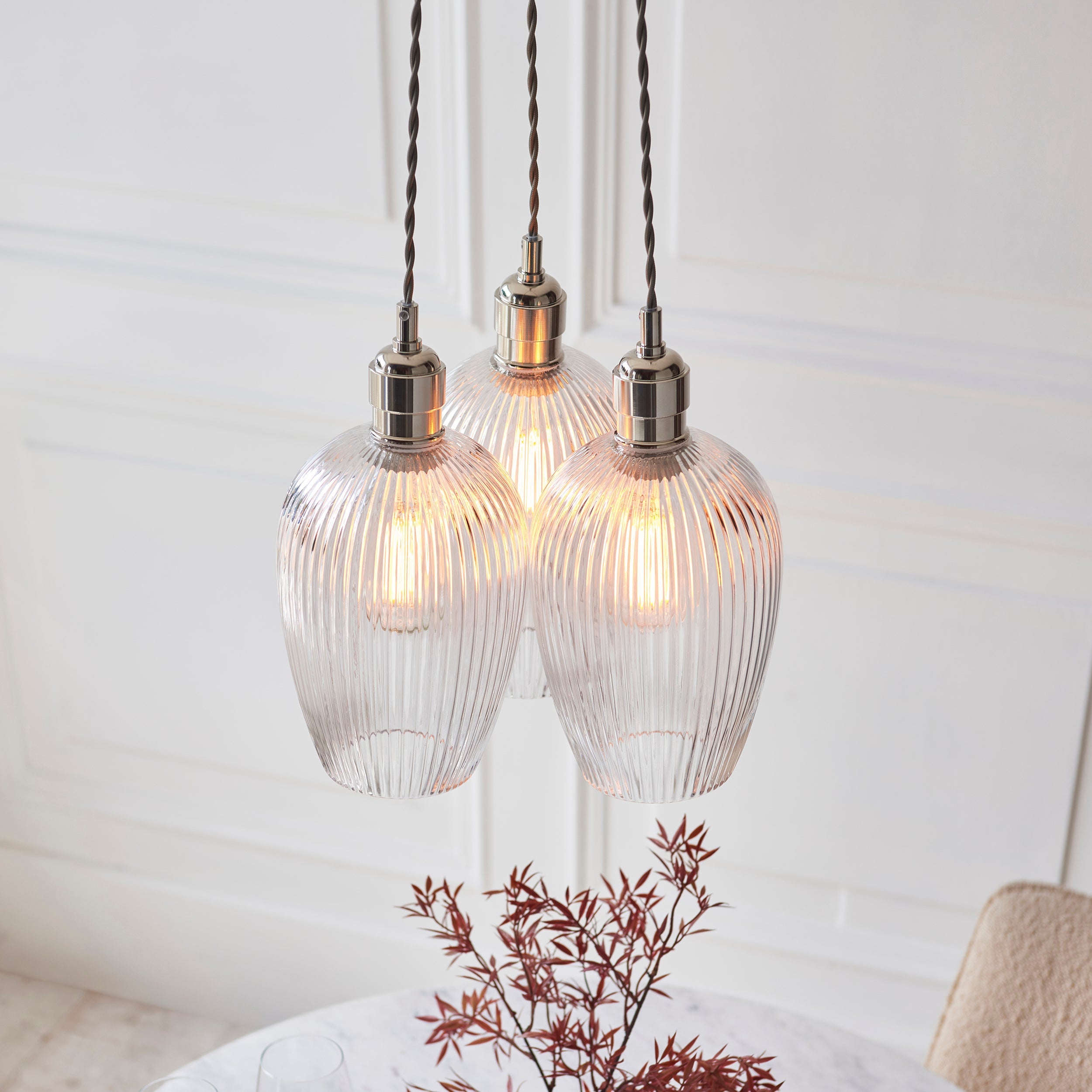 Amos Lucid Bright Nickel & Clear Ribbed Glass 3 Light Cluster