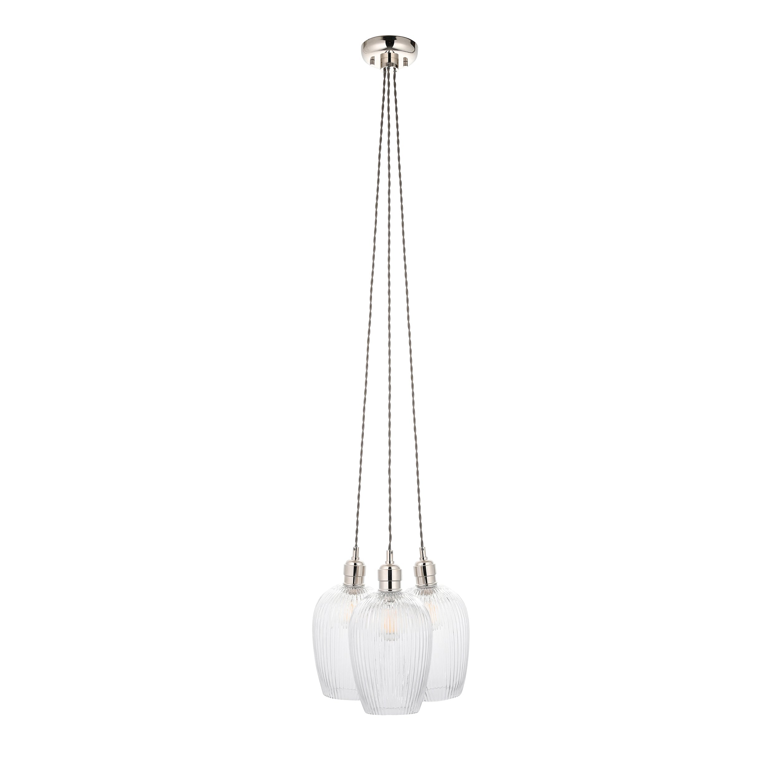 Amos Lucid Bright Nickel & Clear Ribbed Glass 3 Light Cluster
