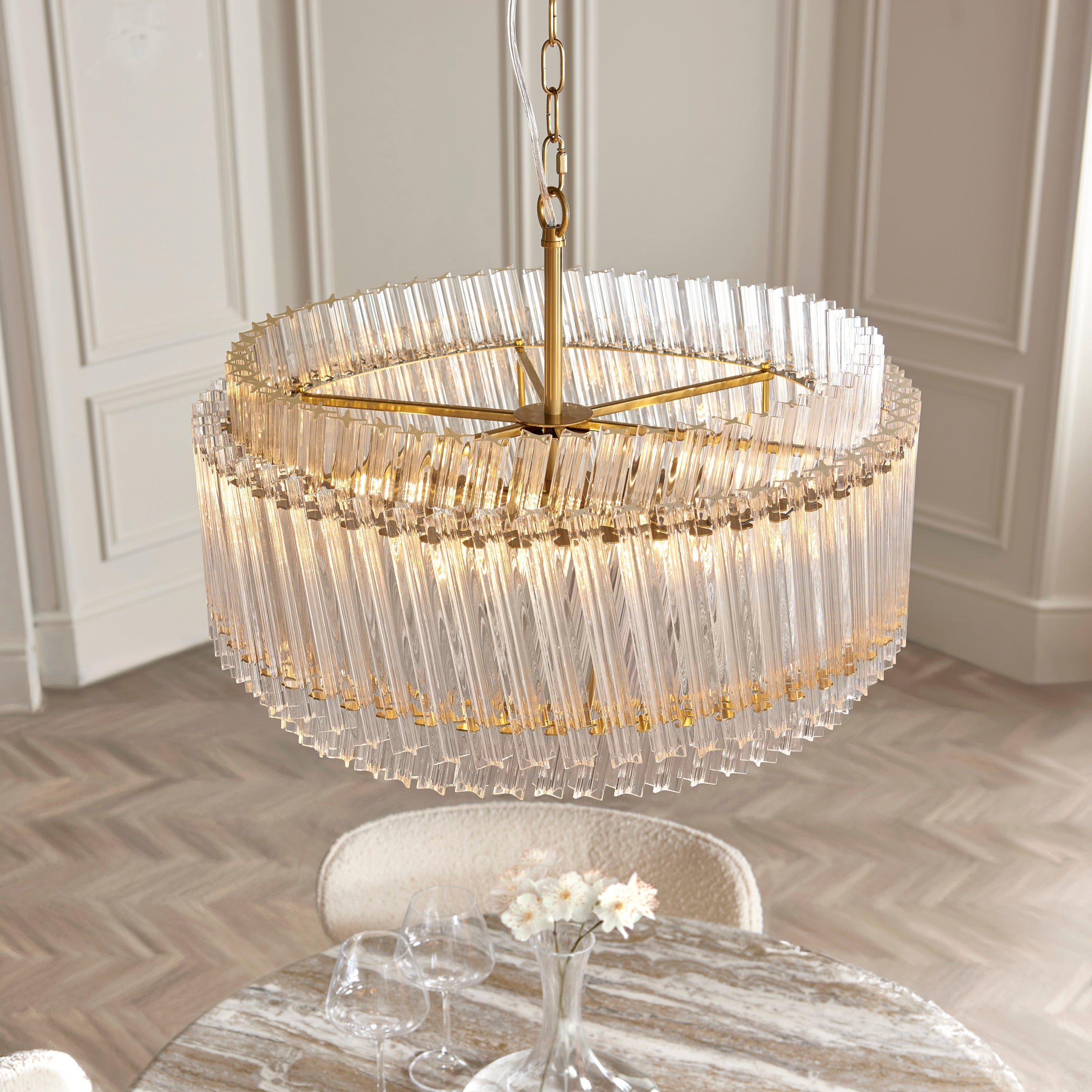 Amos Aquitaine Brushed Aged Brass & Clear Glass 5 Light Chandelier