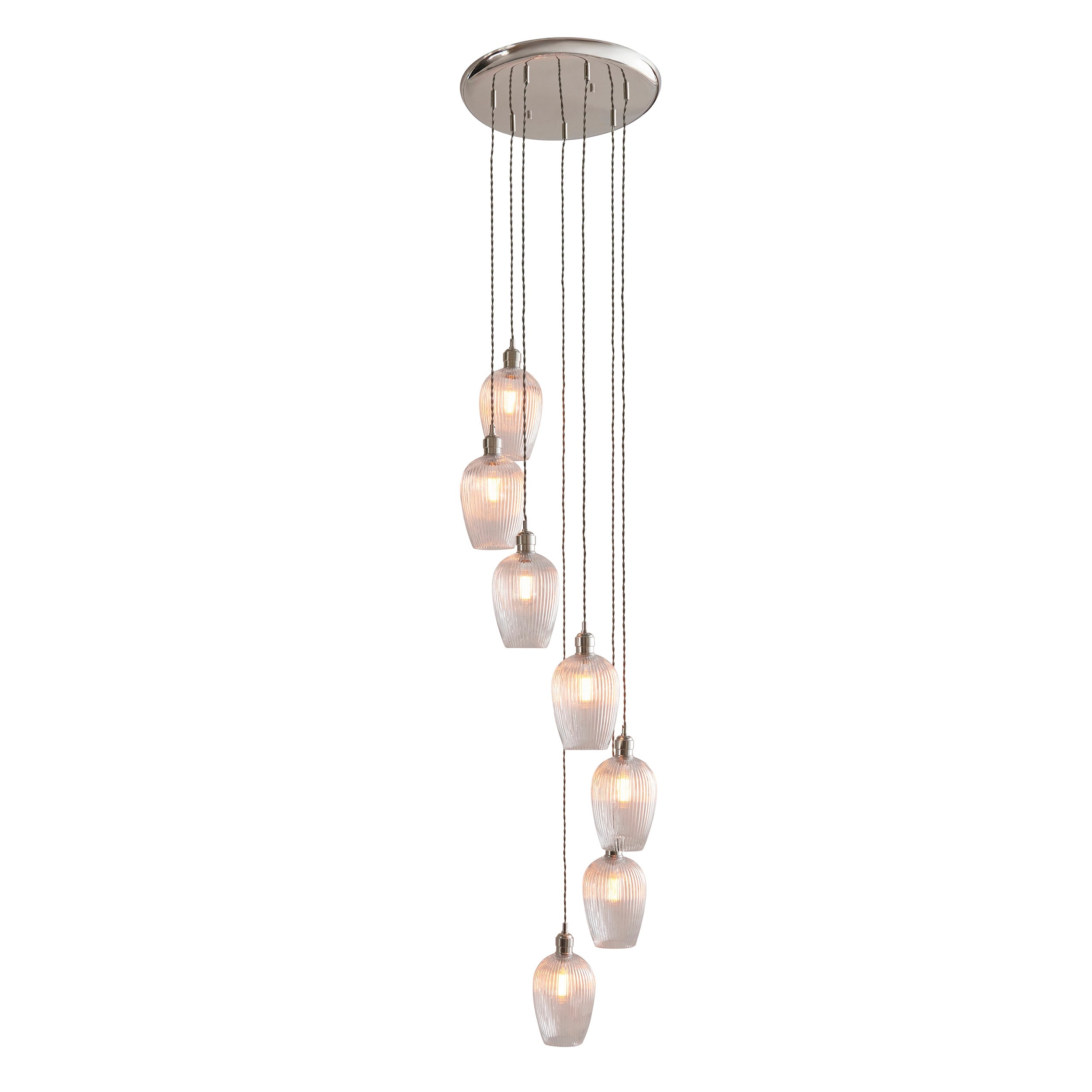 Amos Lucid Bright Nickel & Clear Ribbed Glass 7 Light Cascade
