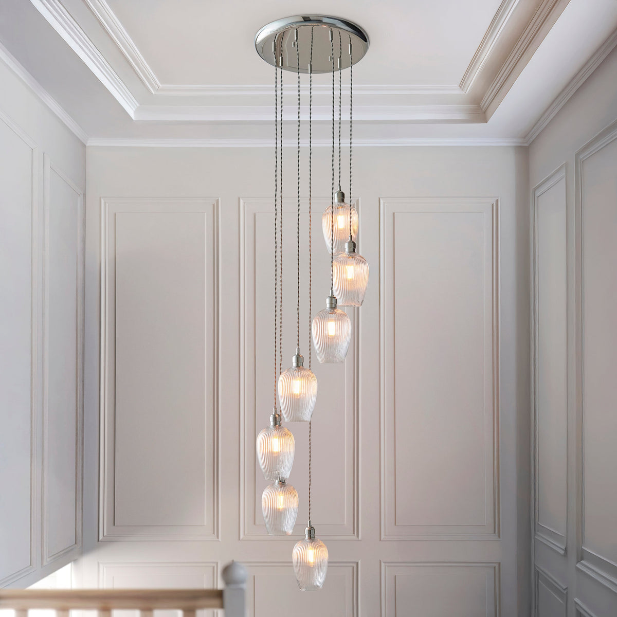 Amos Lucid Bright Nickel & Clear Ribbed Glass 7 Light Cascade