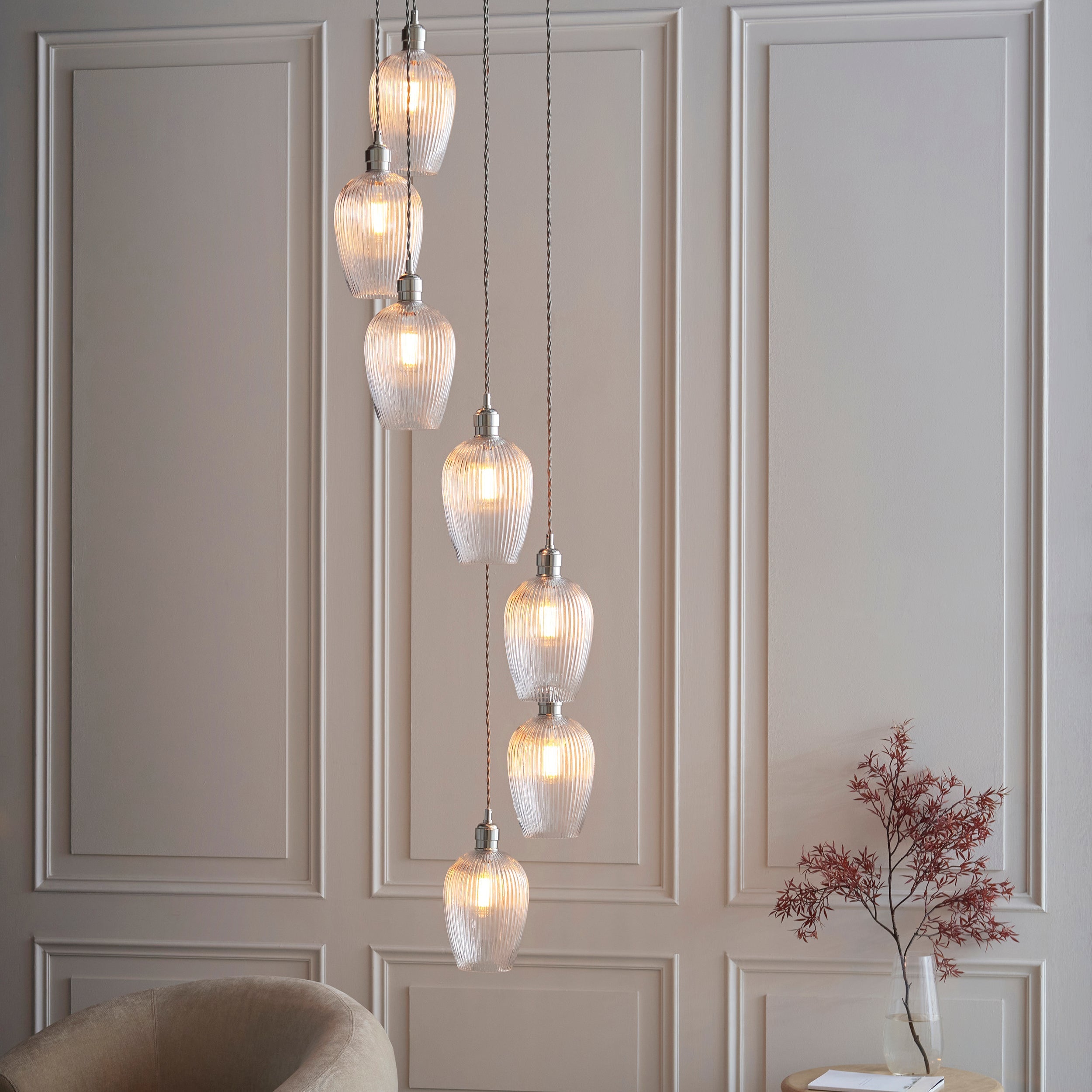 Amos Lucid Bright Nickel & Clear Ribbed Glass 7 Light Cascade