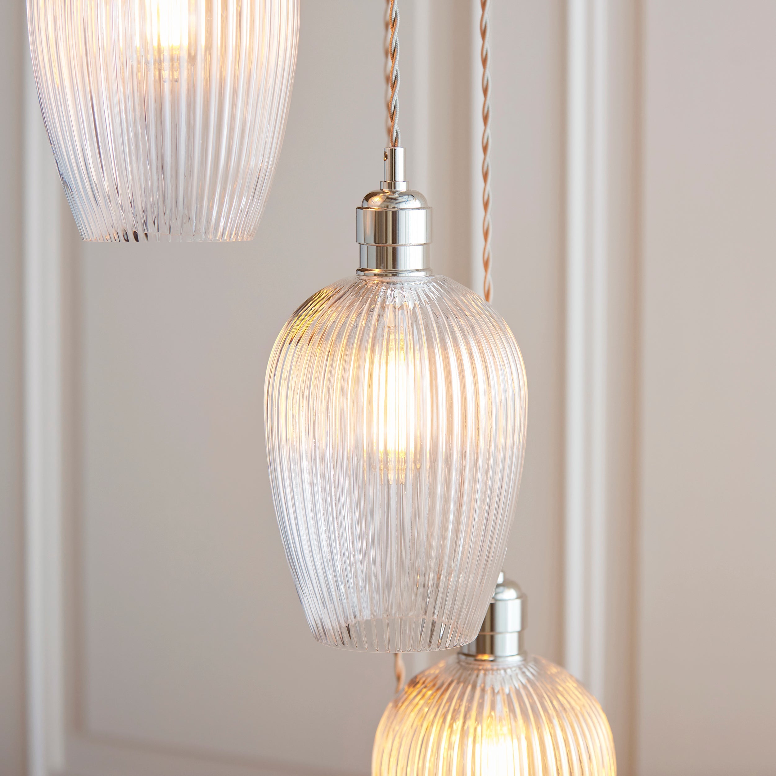 Amos Lucid Bright Nickel & Clear Ribbed Glass 7 Light Cascade