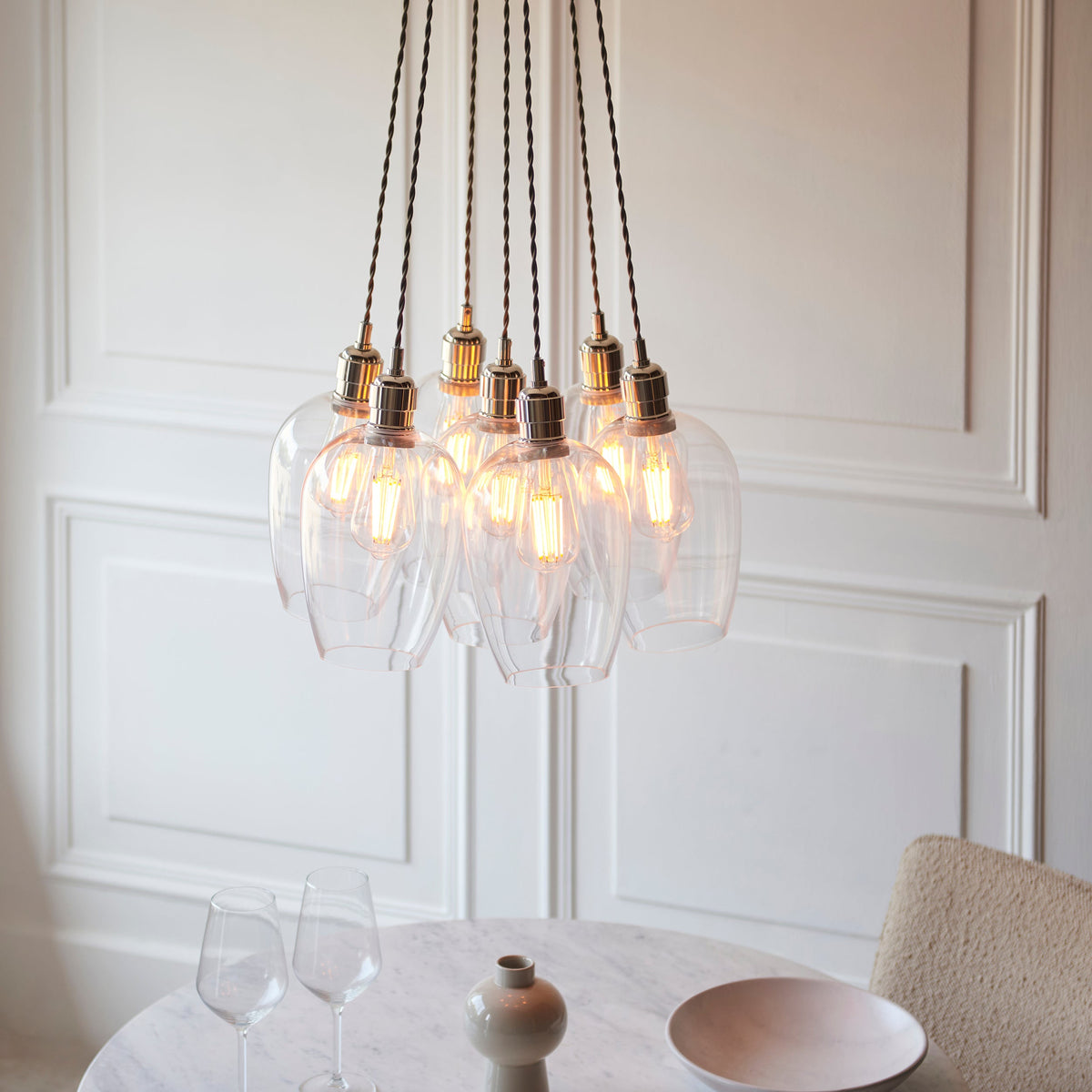 Amos Lucid Bright Nickel & Clear Glass 7 Light Cluster