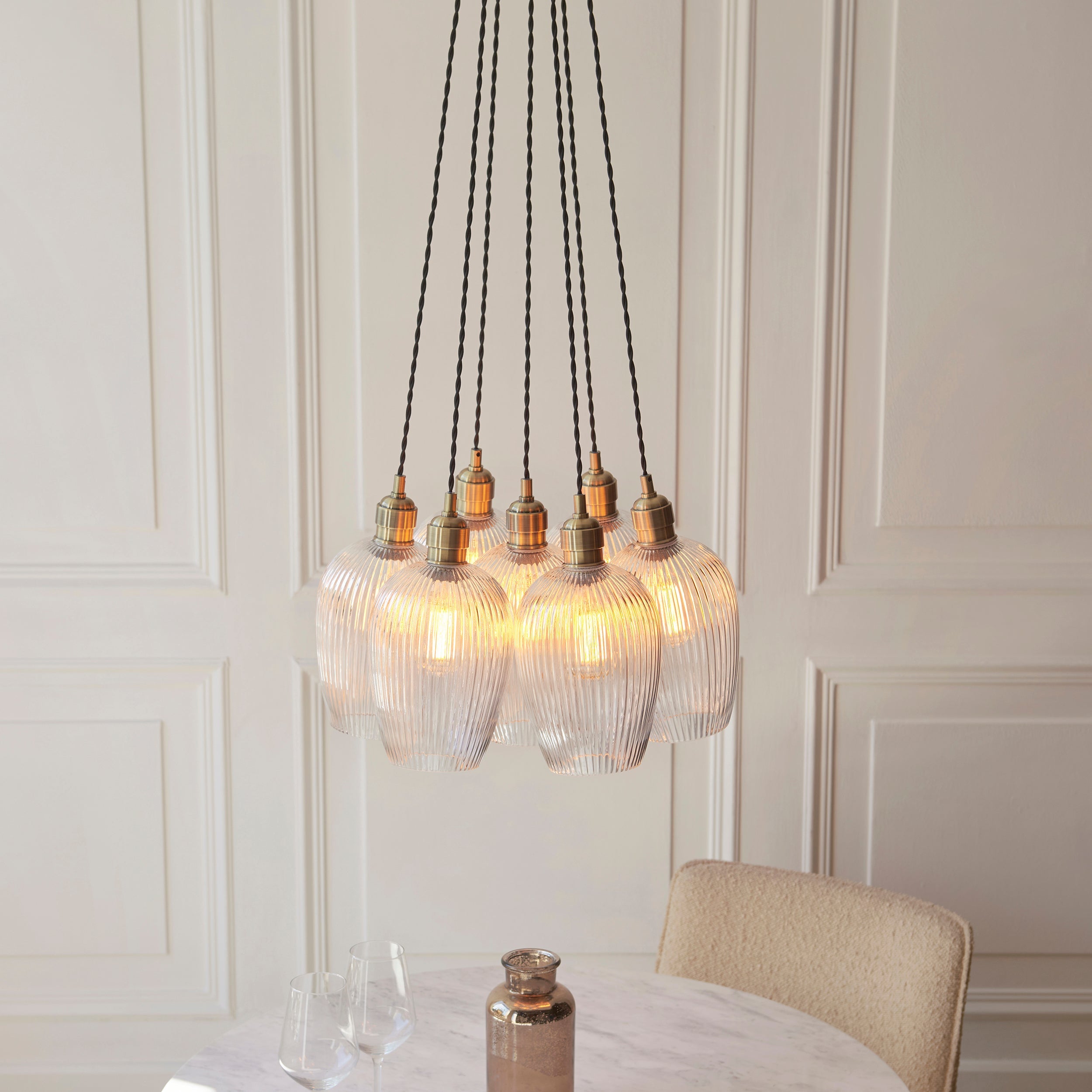 Amos Lucid Antique Brass & Clear Ribbed Glass 7 Light Cluster