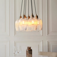 Amos Lucid Antique Brass & Clear Ribbed Glass 7 Light Cluster