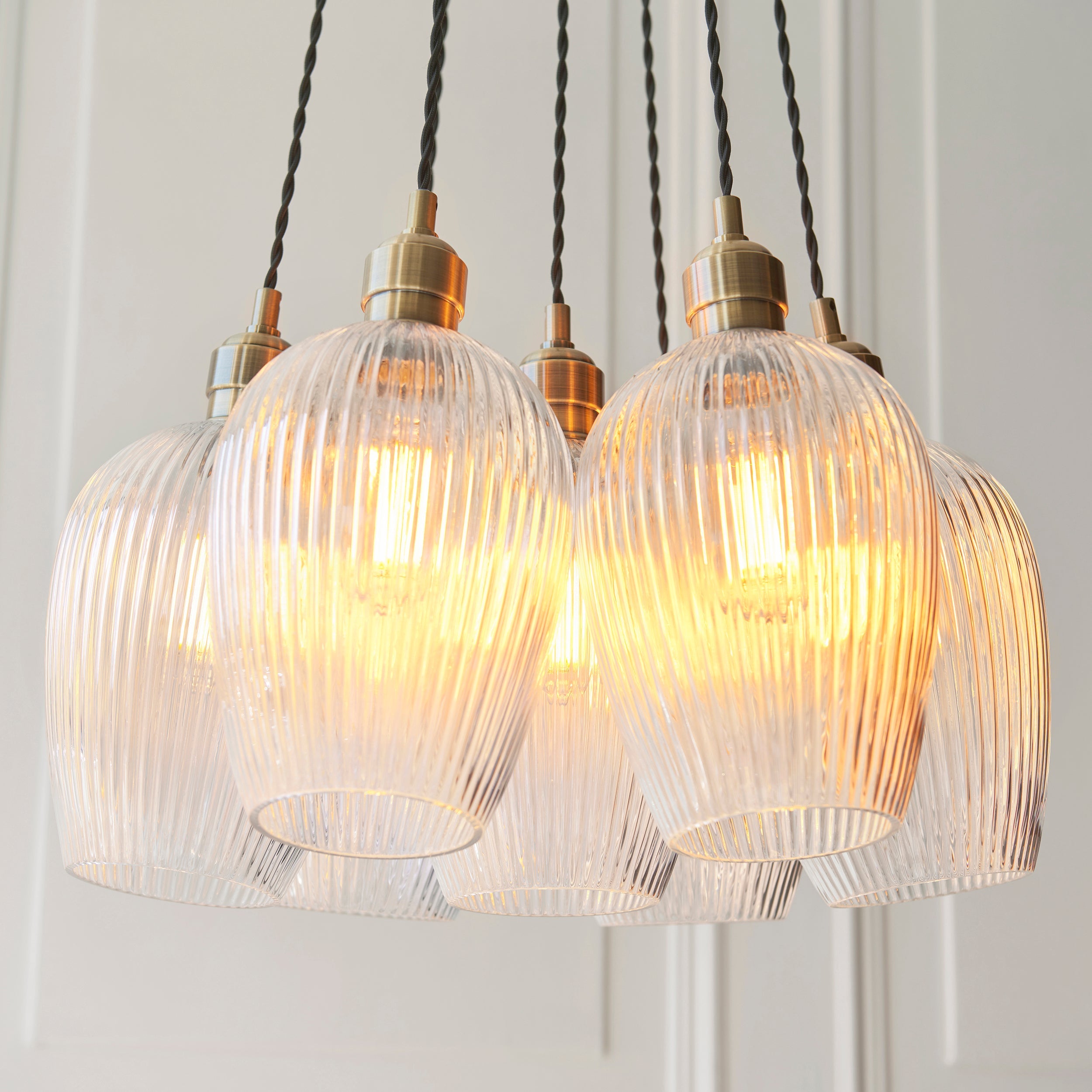 Amos Lucid Antique Brass & Clear Ribbed Glass 7 Light Cluster
