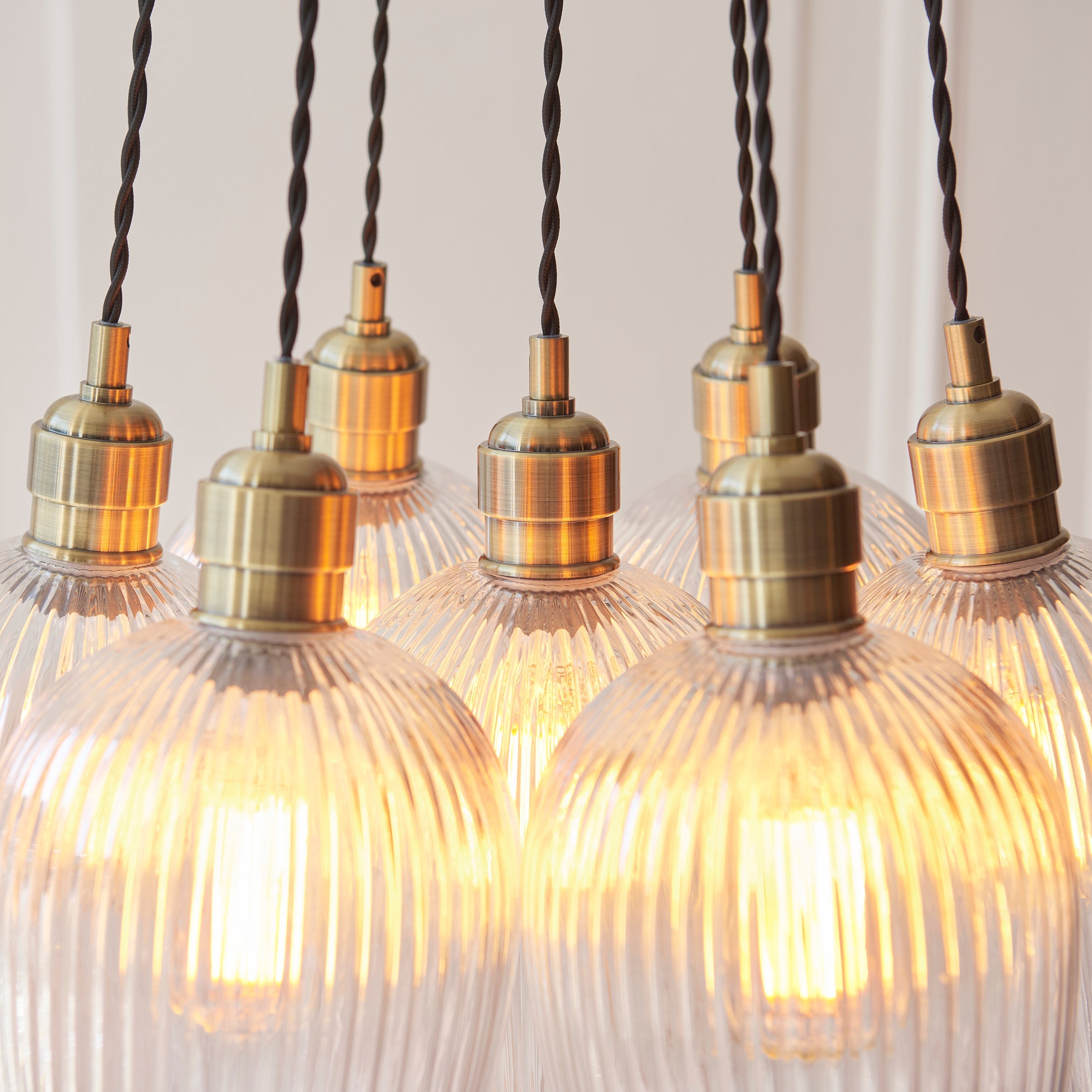 Amos Lucid Antique Brass & Clear Ribbed Glass 7 Light Cluster
