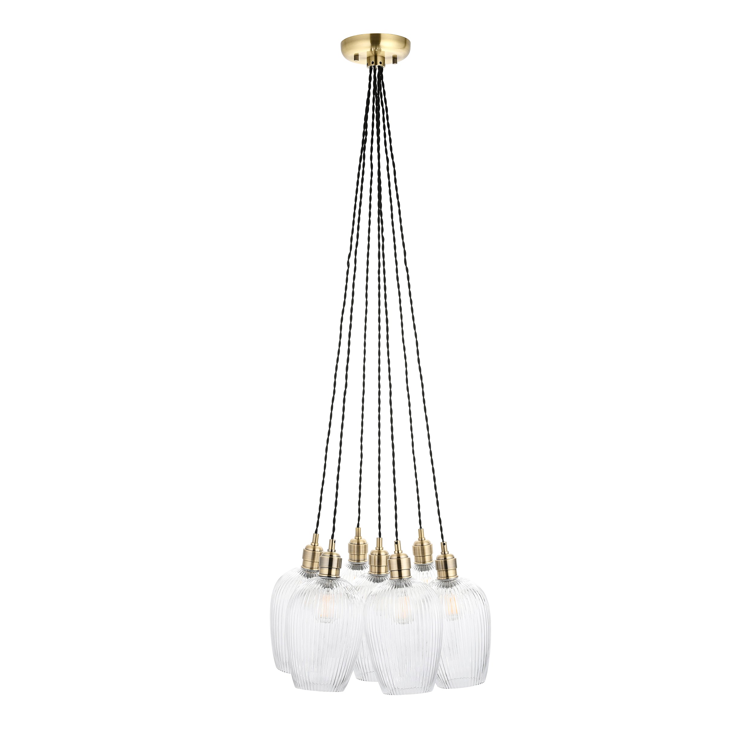 Amos Lucid Antique Brass & Clear Ribbed Glass 7 Light Cluster