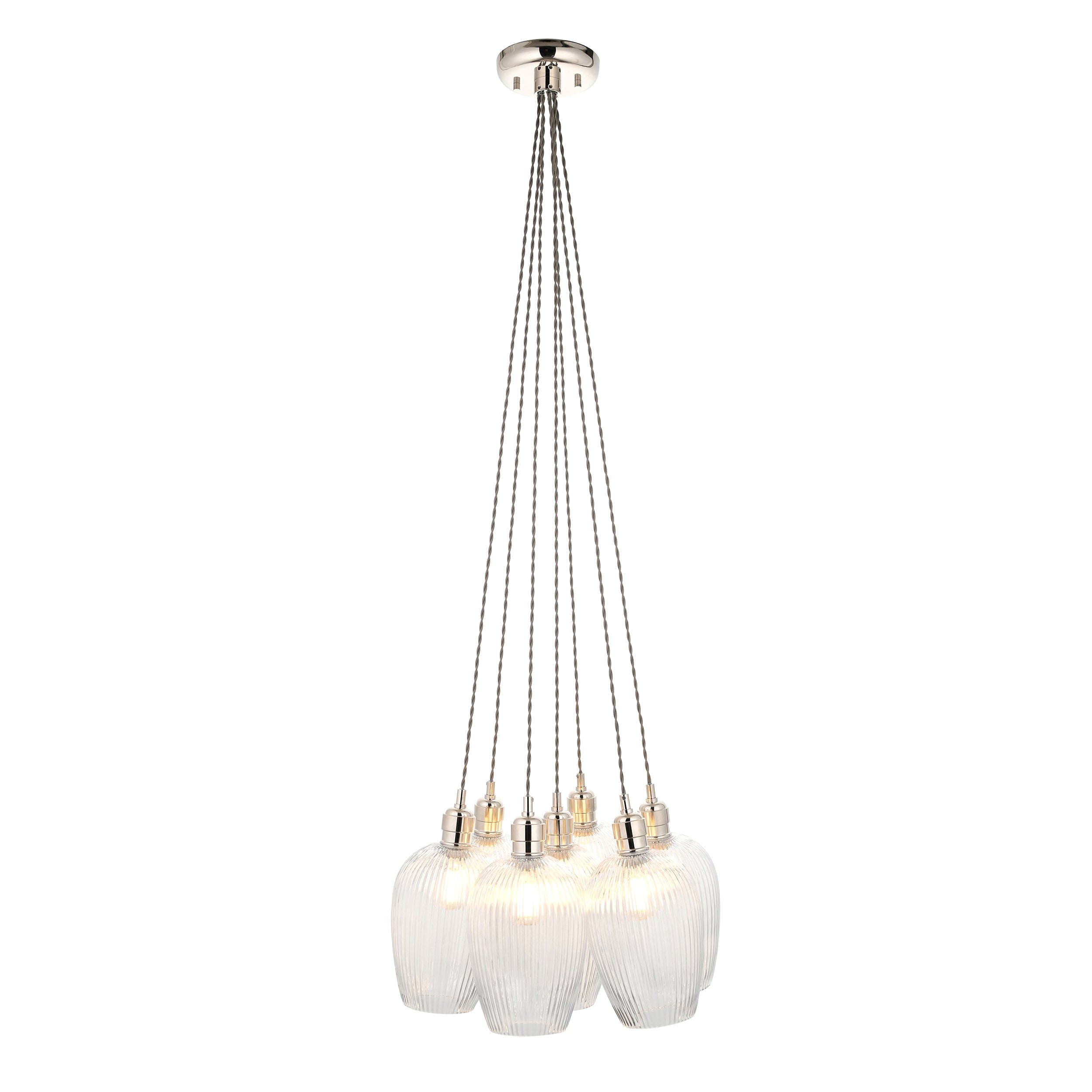 Amos Lucid Bright Nickel & Clear Ribbed Glass 7 Light Cluster