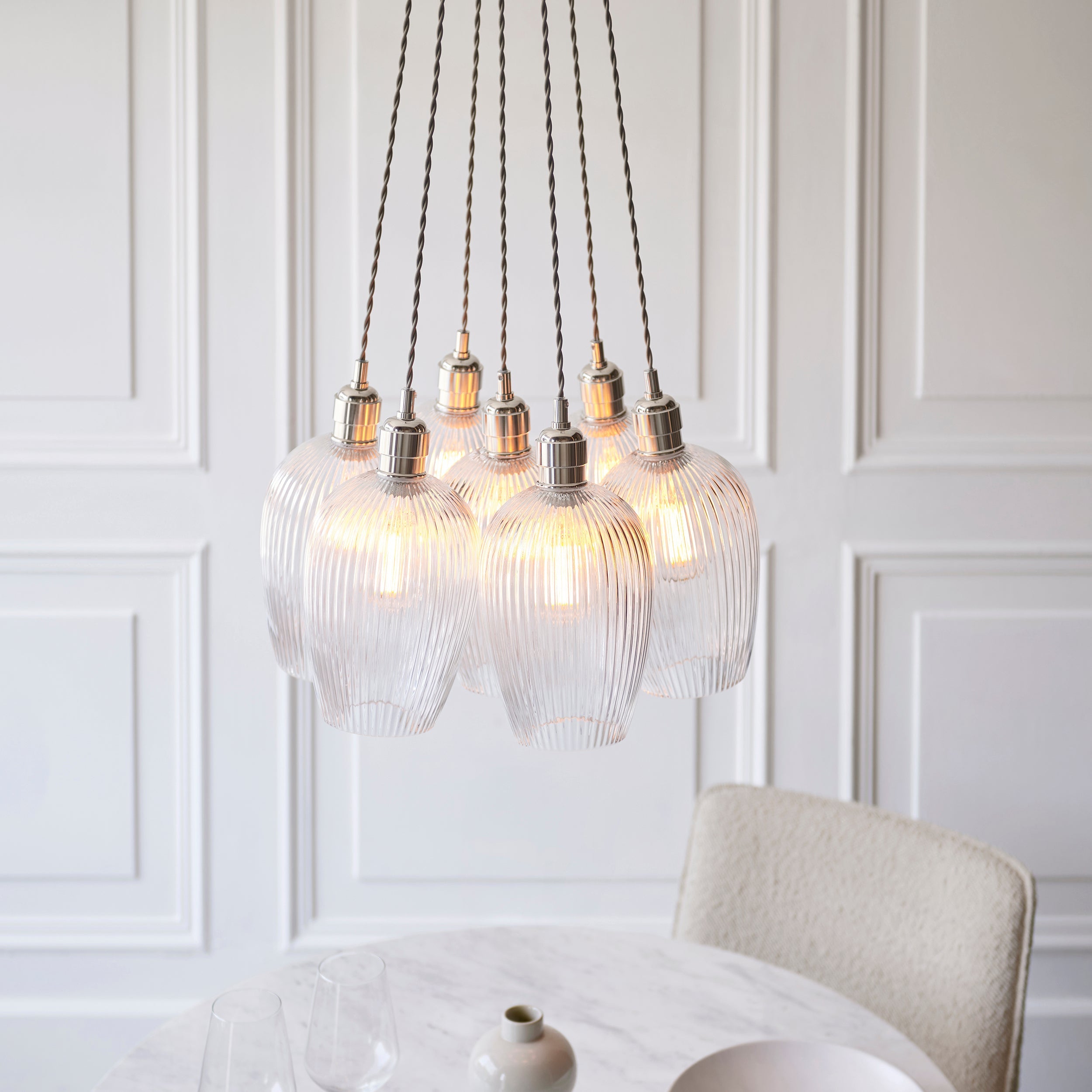Amos Lucid Bright Nickel & Clear Ribbed Glass 7 Light Cluster