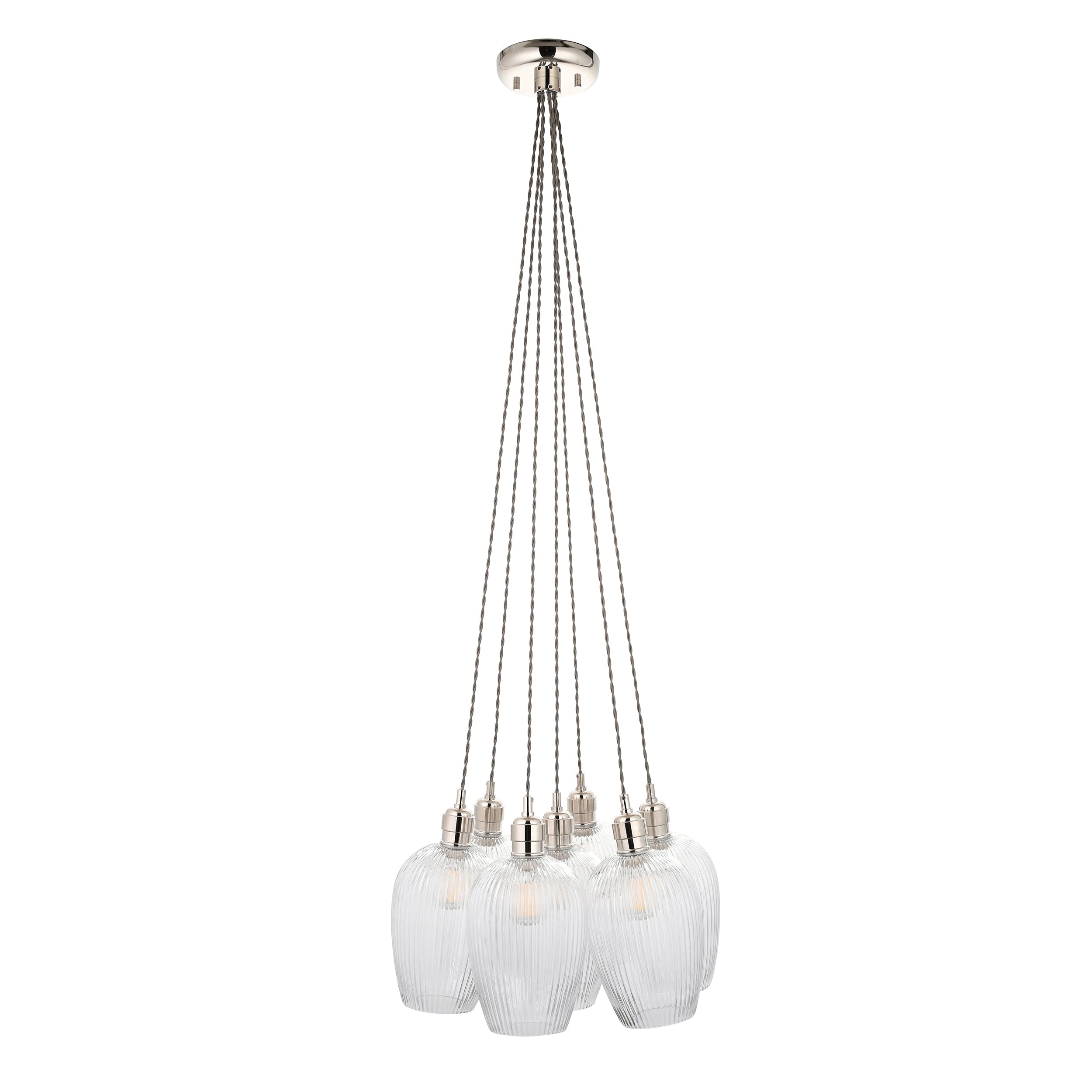 Amos Lucid Bright Nickel & Clear Ribbed Glass 7 Light Cluster