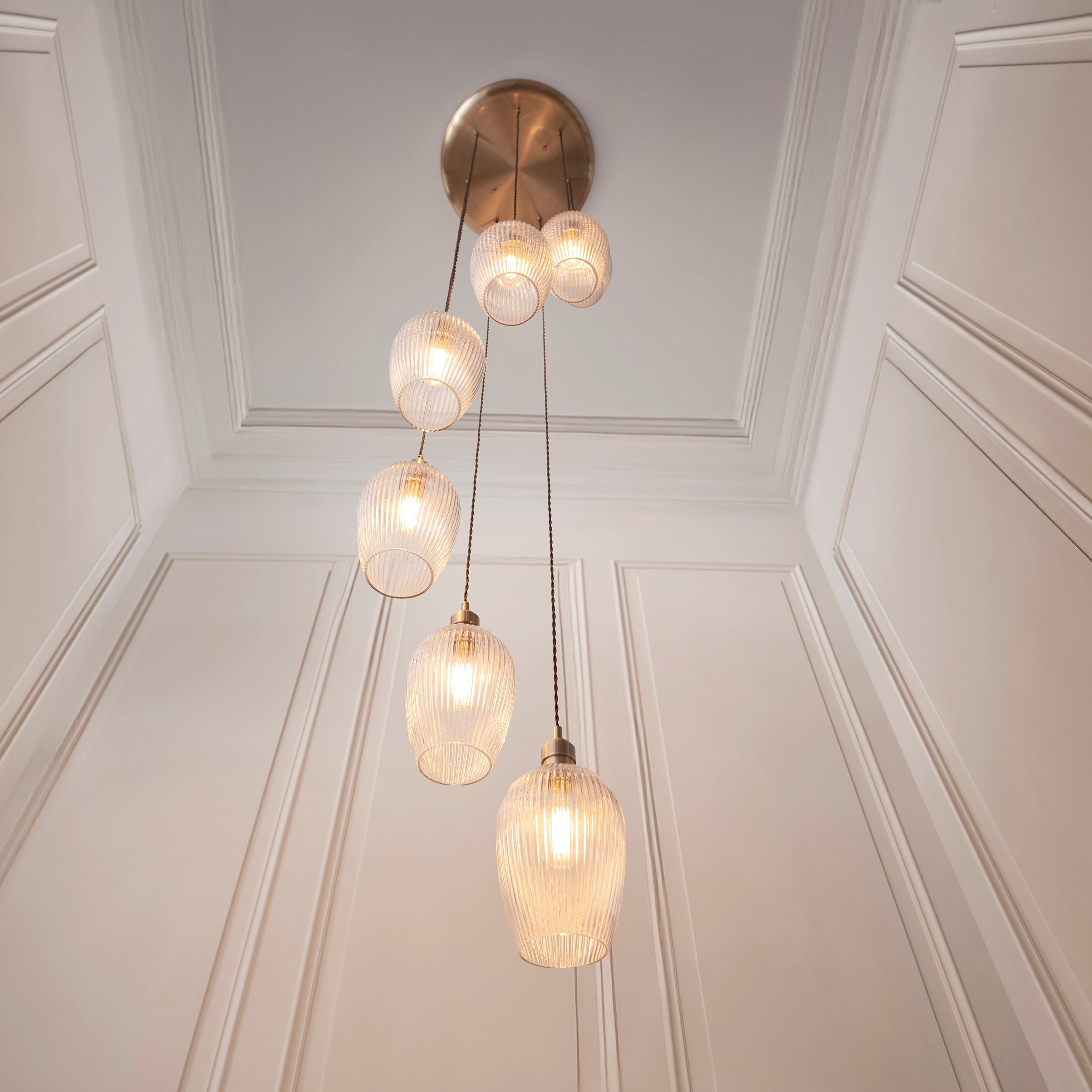 Amos Lucid Antique Brass & Clear Ribbed Glass 7 Light Cascade