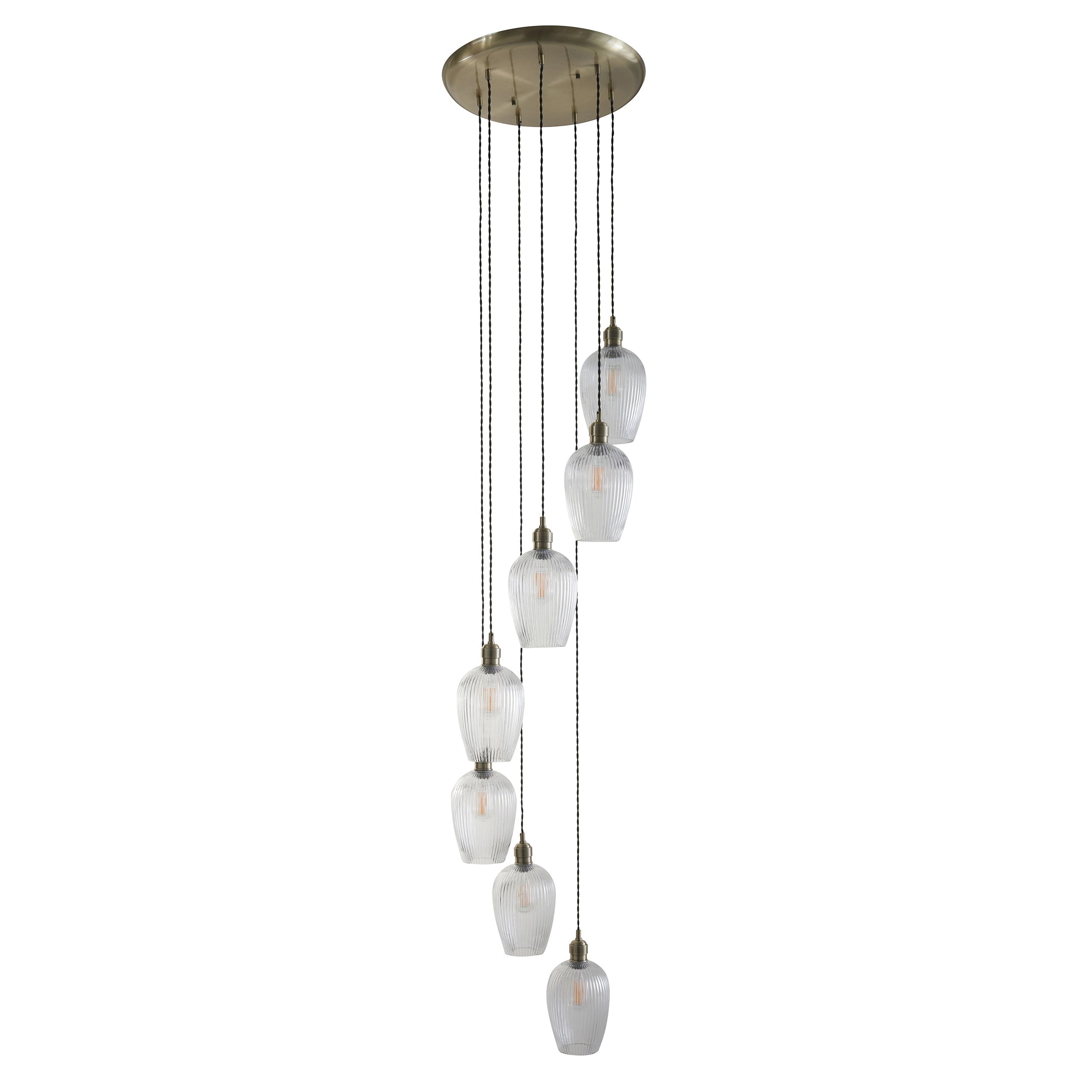 Amos Lucid Antique Brass & Clear Ribbed Glass 7 Light Cascade
