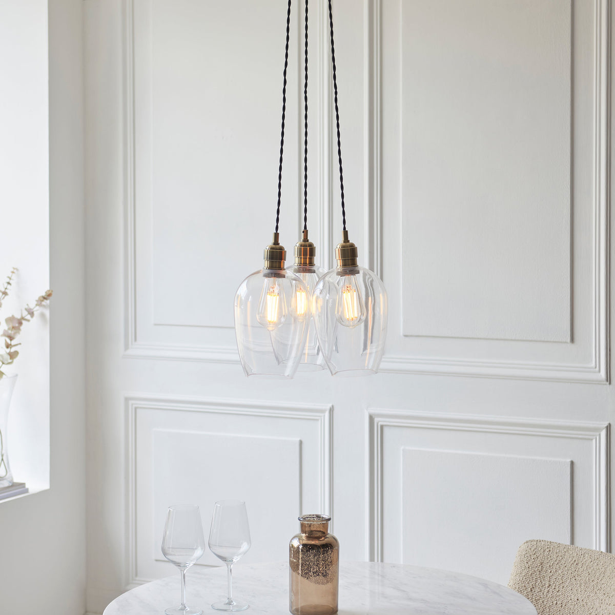 Amos Lucid Antique Brass & Clear Glass 3 Light Cluster