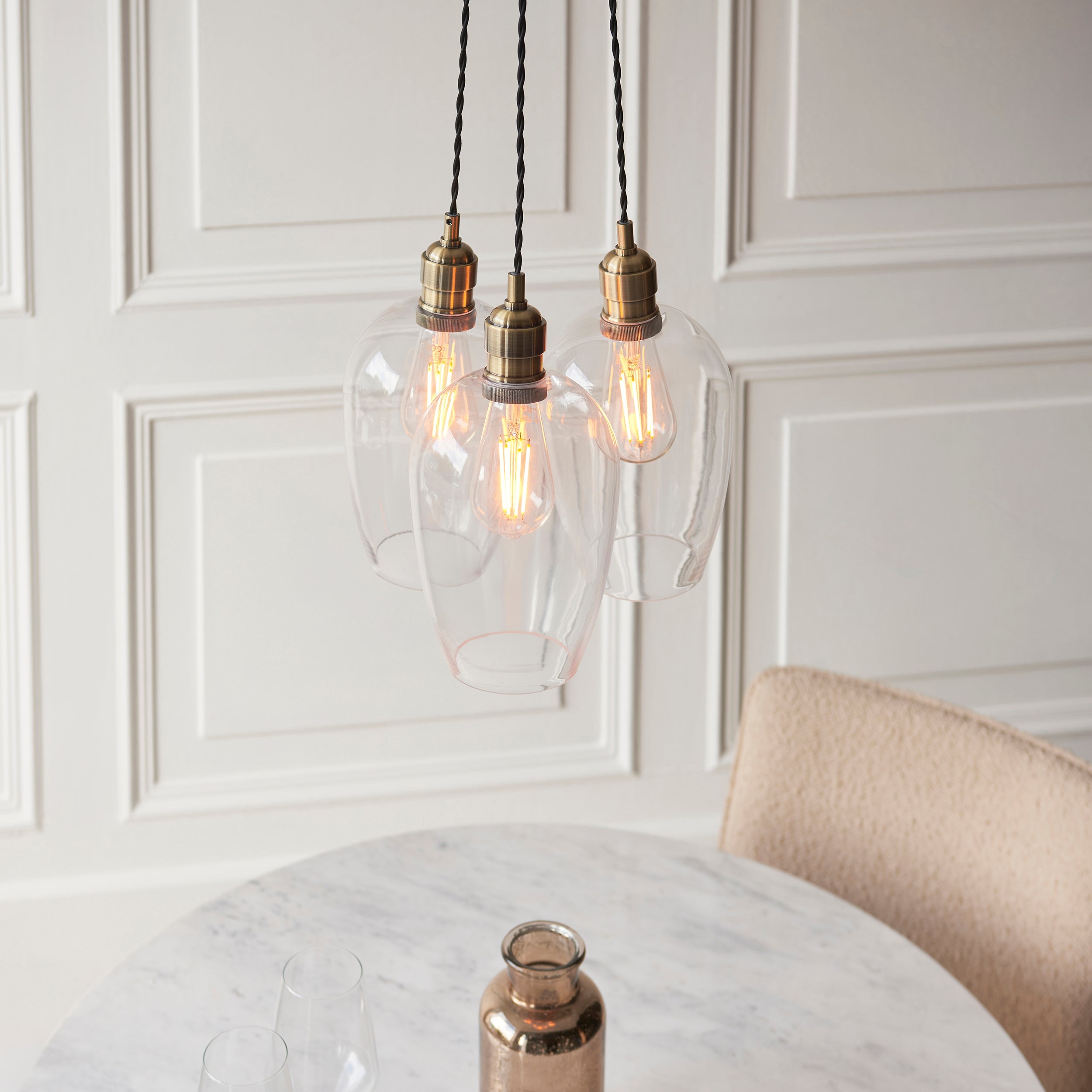 Amos Lucid Antique Brass & Clear Glass 3 Light Cluster