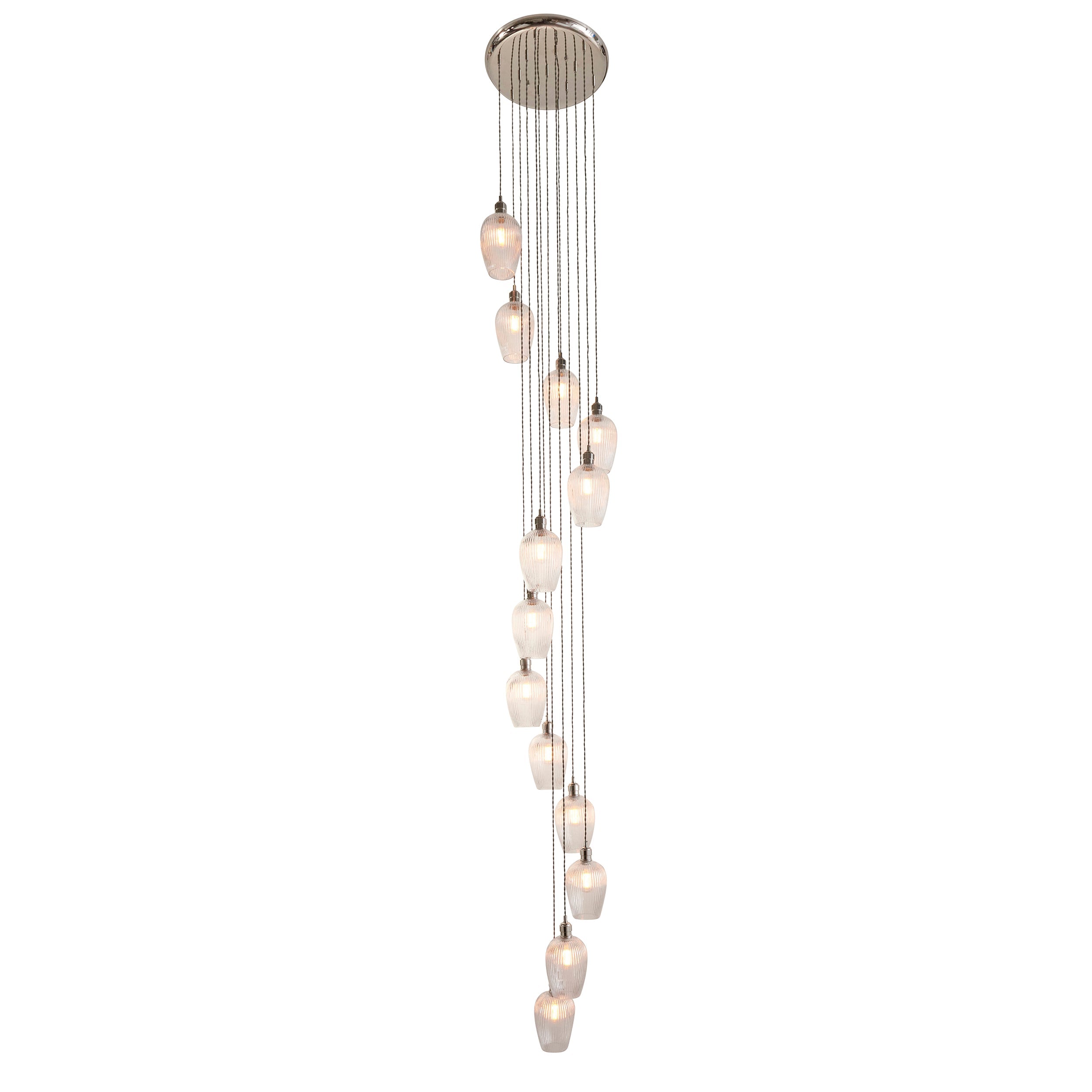 Amos Lucid Bright Nickel & Clear Ribbed Glass 13 Light Cascade