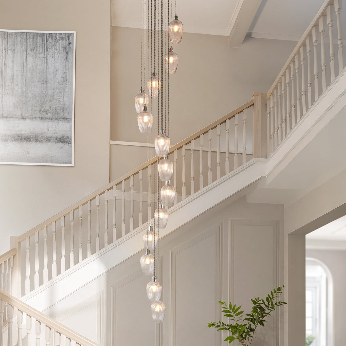 Amos Lucid Bright Nickel & Clear Ribbed Glass 13 Light Cascade