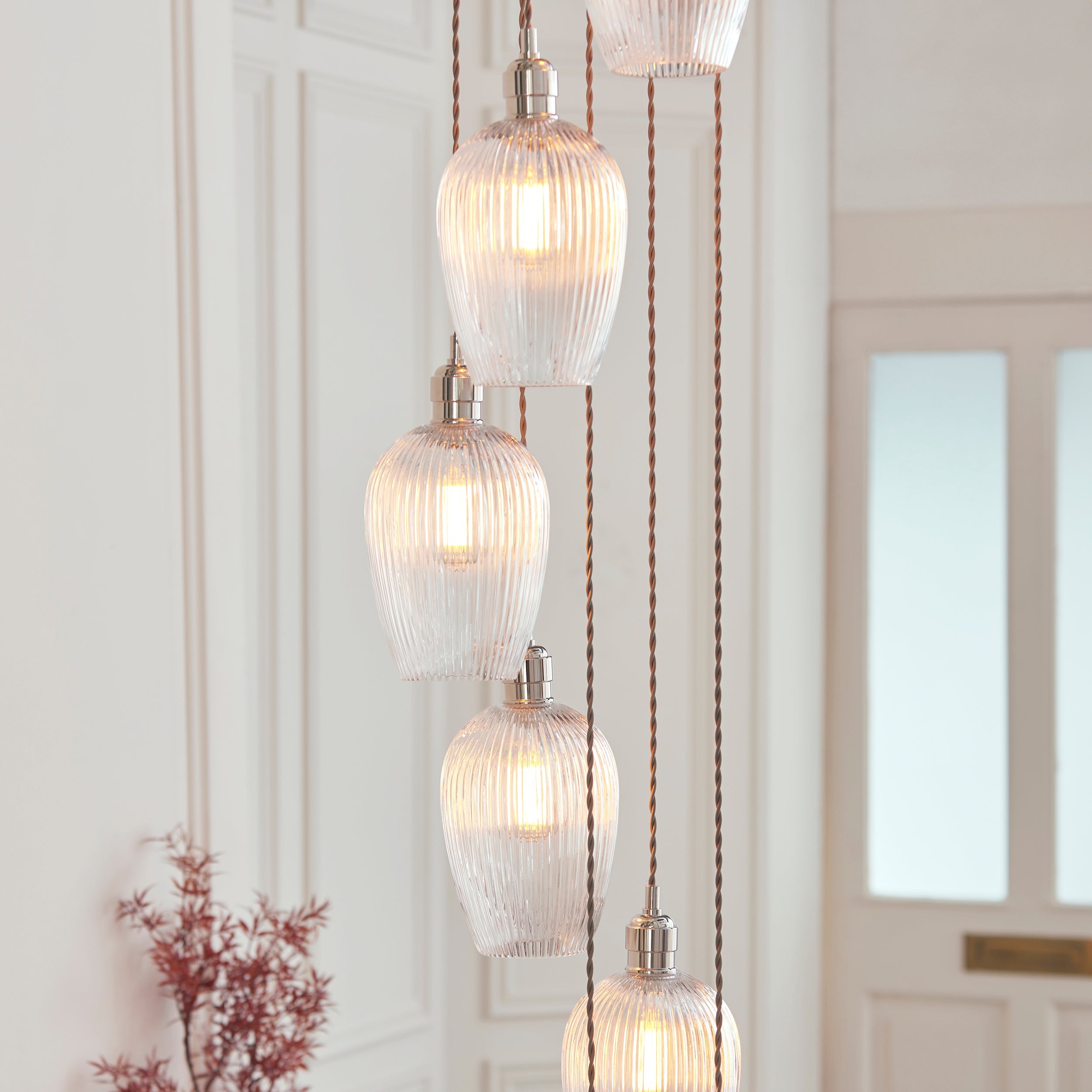 Amos Lucid Bright Nickel & Clear Ribbed Glass 13 Light Cascade