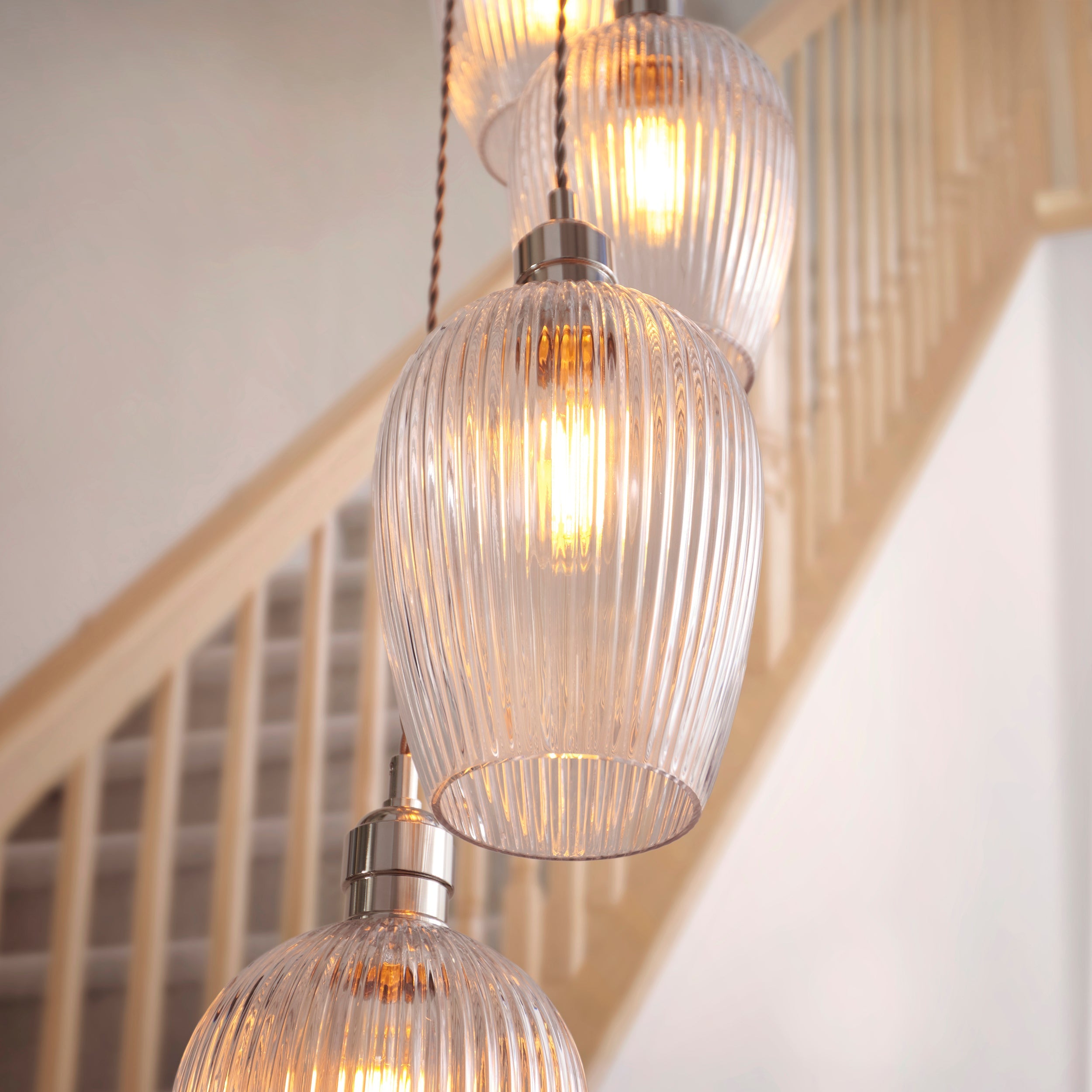 Amos Lucid Bright Nickel & Clear Ribbed Glass 13 Light Cascade