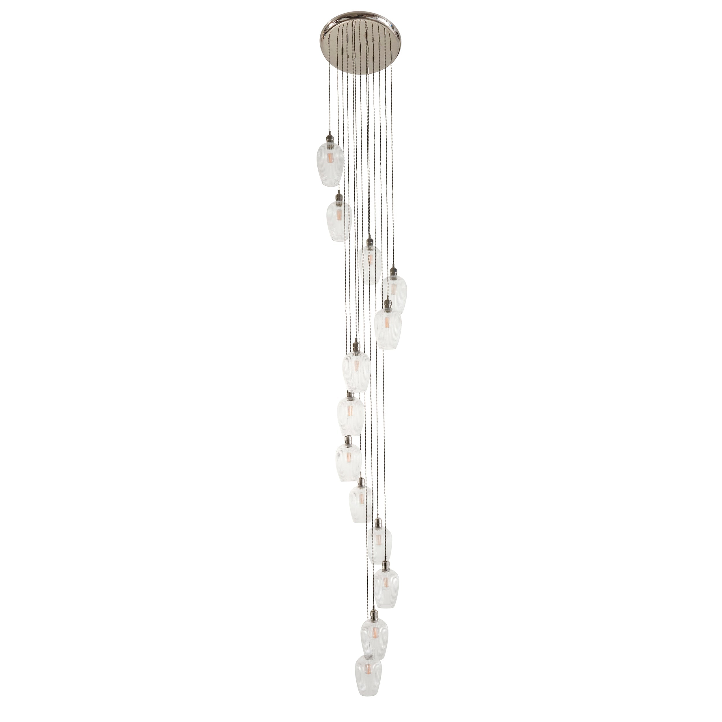 Amos Lucid Bright Nickel & Clear Ribbed Glass 13 Light Cascade