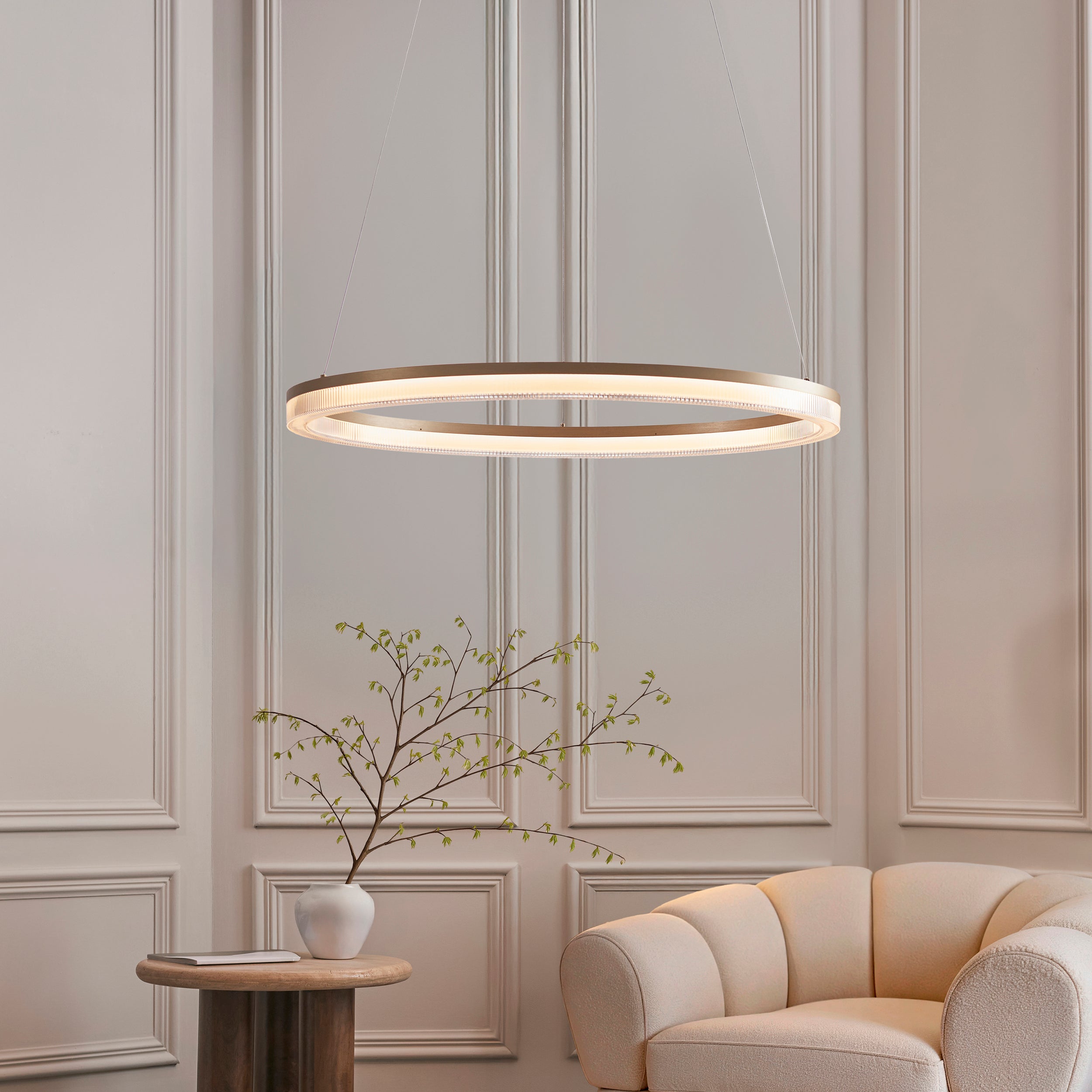 Amos Beaux Brushed Gold Plated & Opal Ribbed Acrylic LED Pendant
