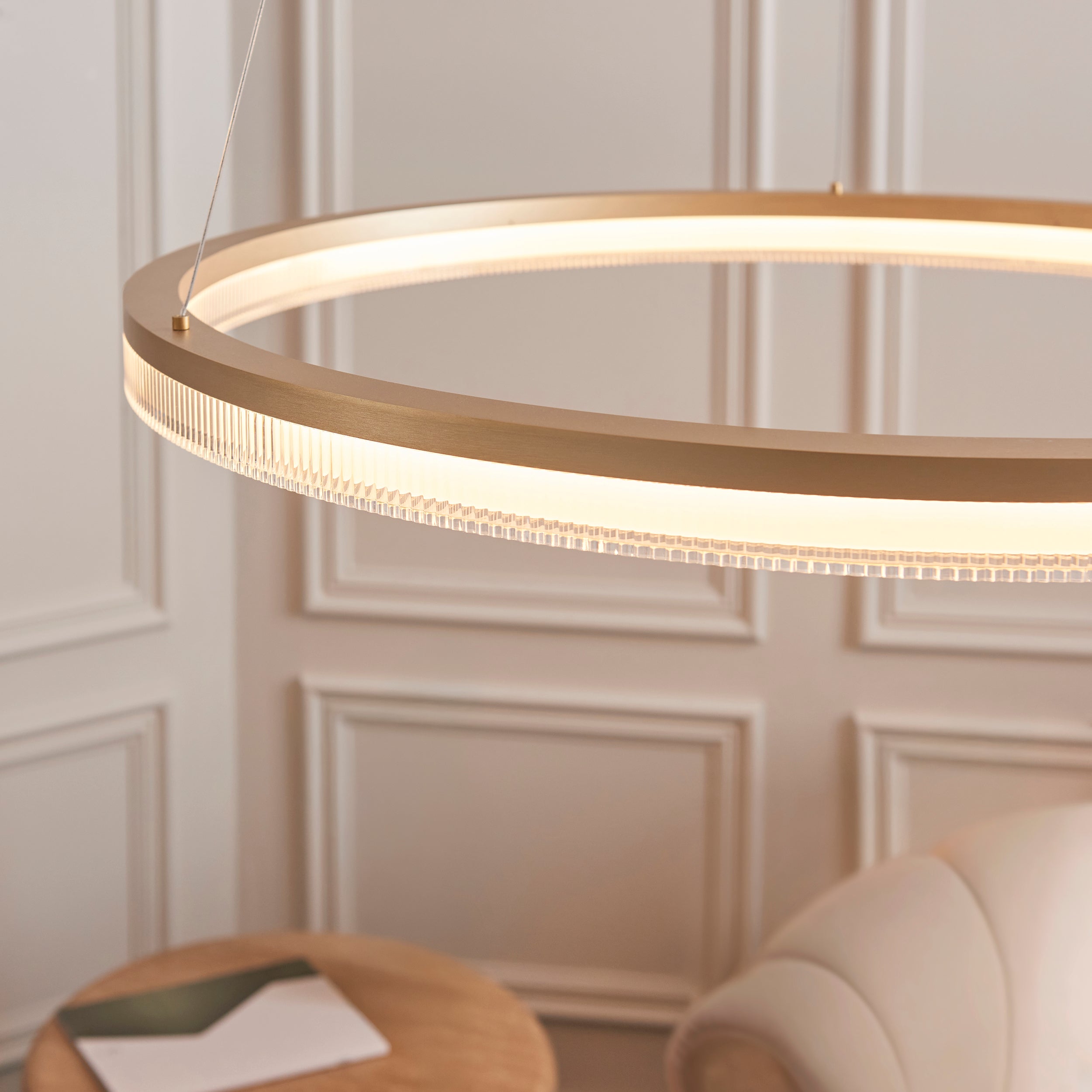 Amos Beaux Brushed Gold Plated & Opal Ribbed Acrylic LED Pendant