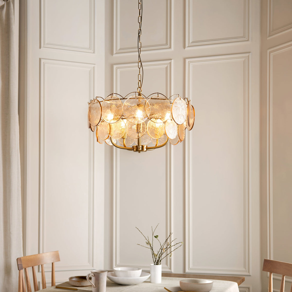 Amos Loire Brushed Aged Brass & Handmade Champagne Glass 5 Light Chandelier