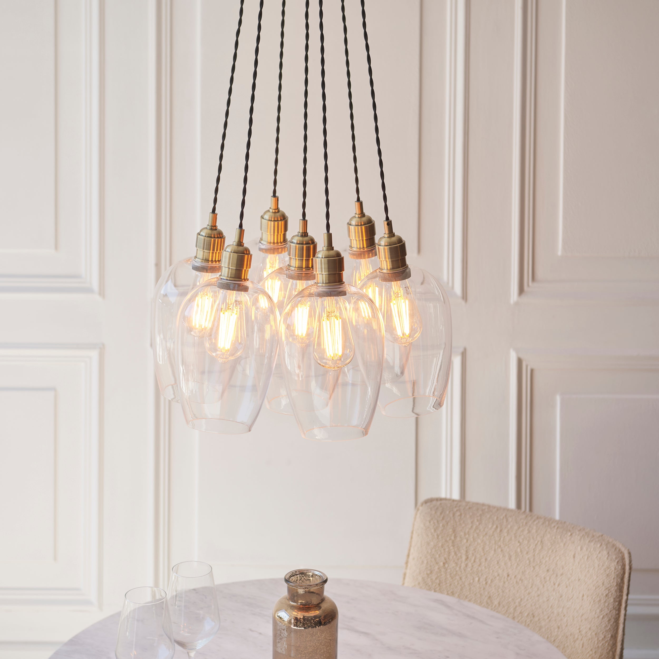 Amos Lucid Antique Brass & Clear Glass 7 Light Cluster