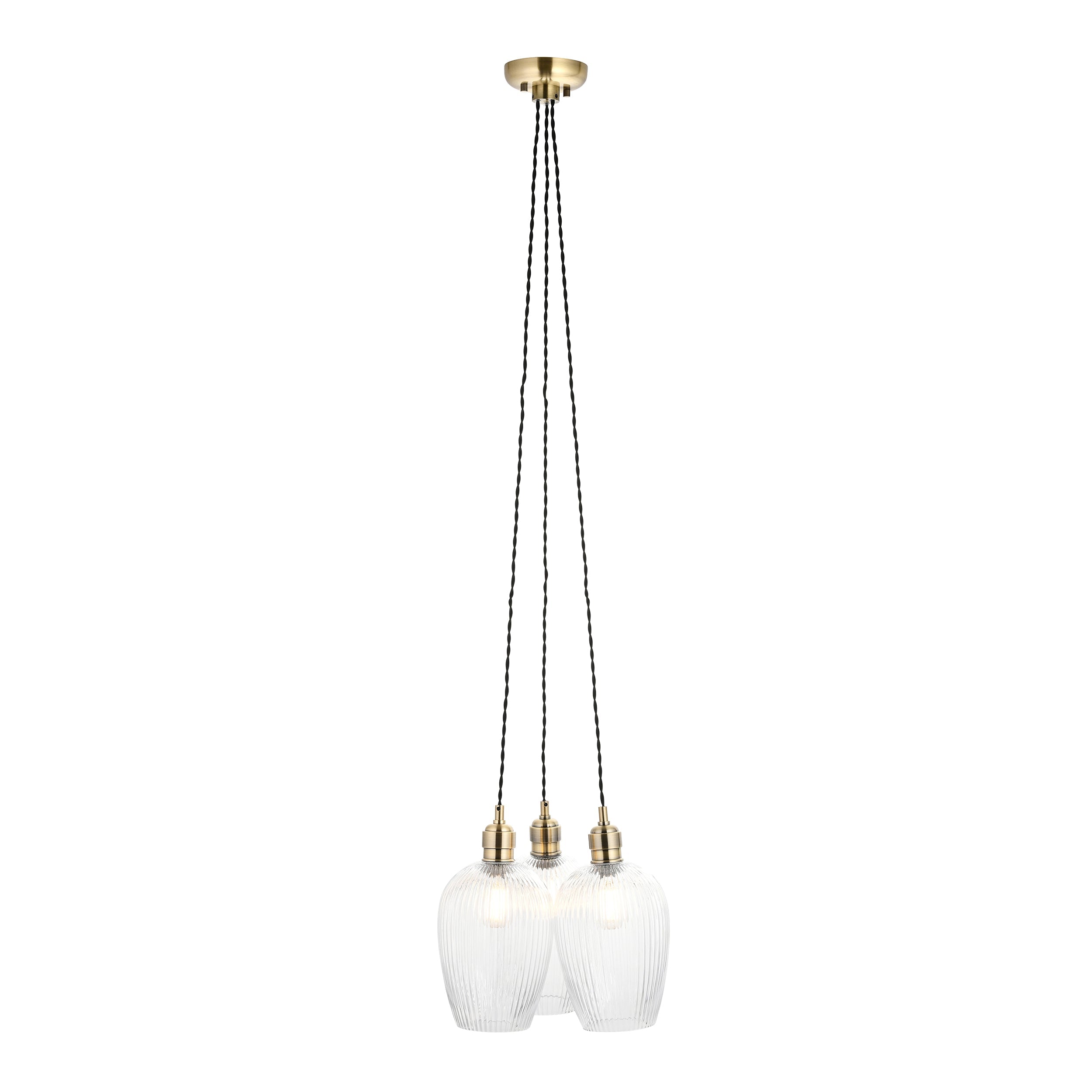 Amos Lucid Antique Brass & Clear Ribbed Glass 3 Light Cluster